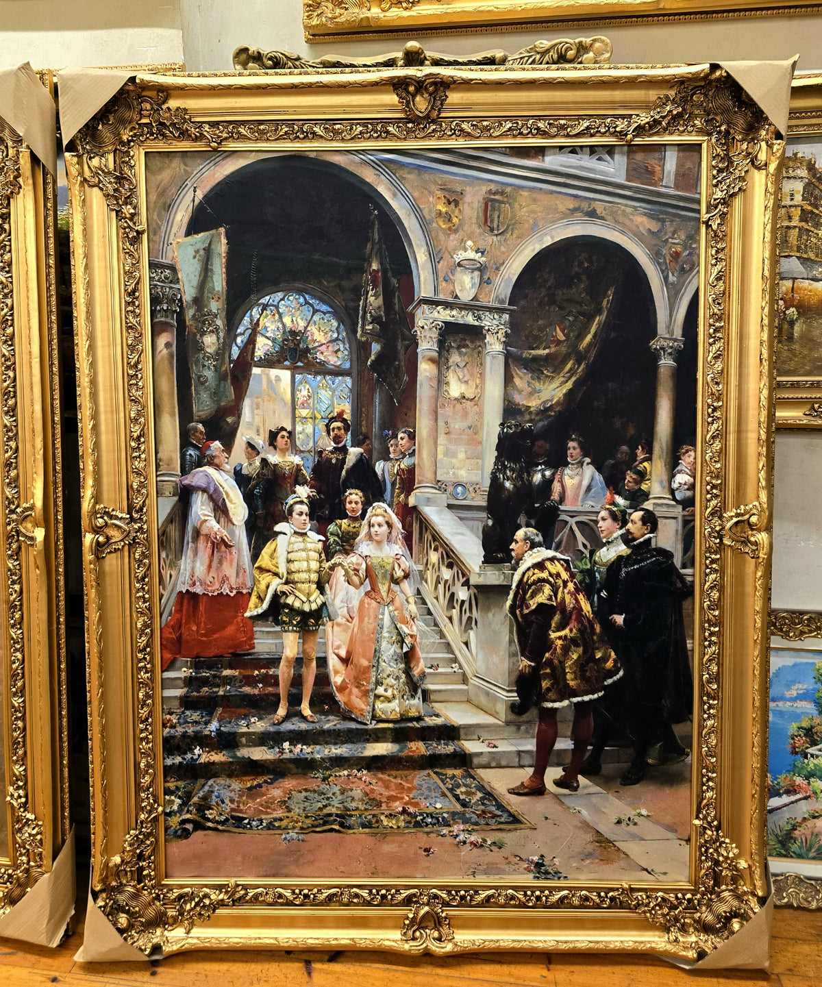 European Salon Entrance Artwork – Elegant Figures in a Grand Interior with Ornate Gold Leaf Frame