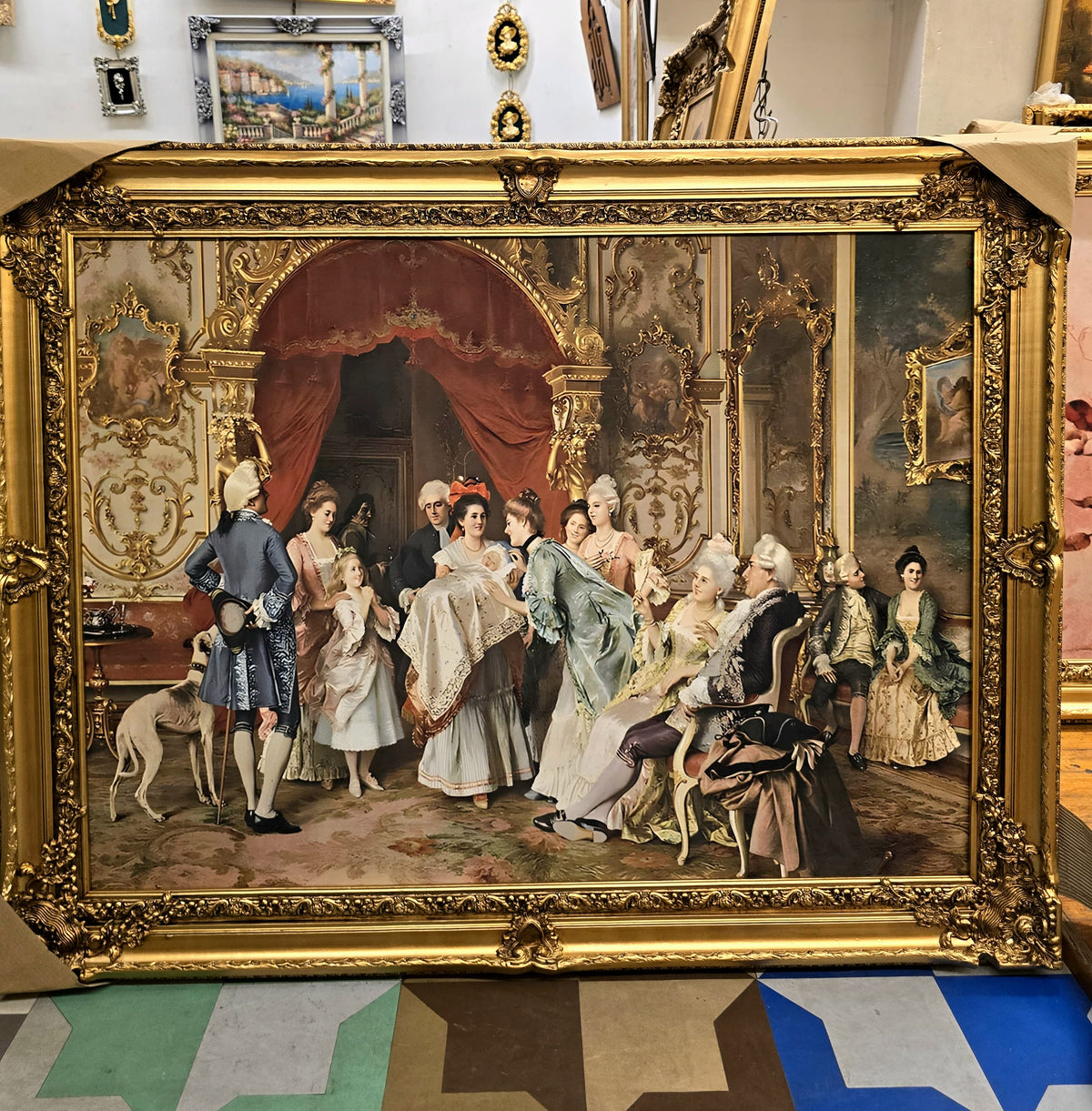 French Rococo-Style Salon Scene Print – 18th-Century Aristocratic Gathering with Ornate Gold Leaf Frame