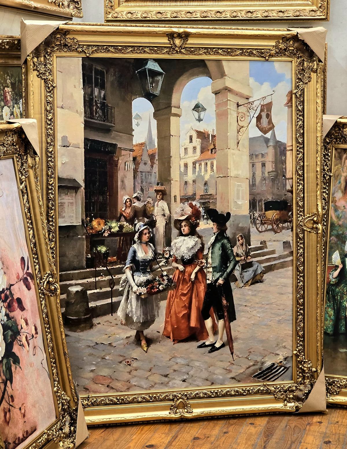European Salon Entrance Artwork – Elegant Figures in a Grand Interior with Ornate Gold Leaf Frame
