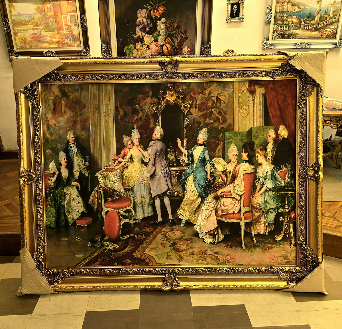 French Rococo-Style Salon Scene Painting – Elegant 18th-Century Social Gathering with Ornate Gold Leaf Frame
