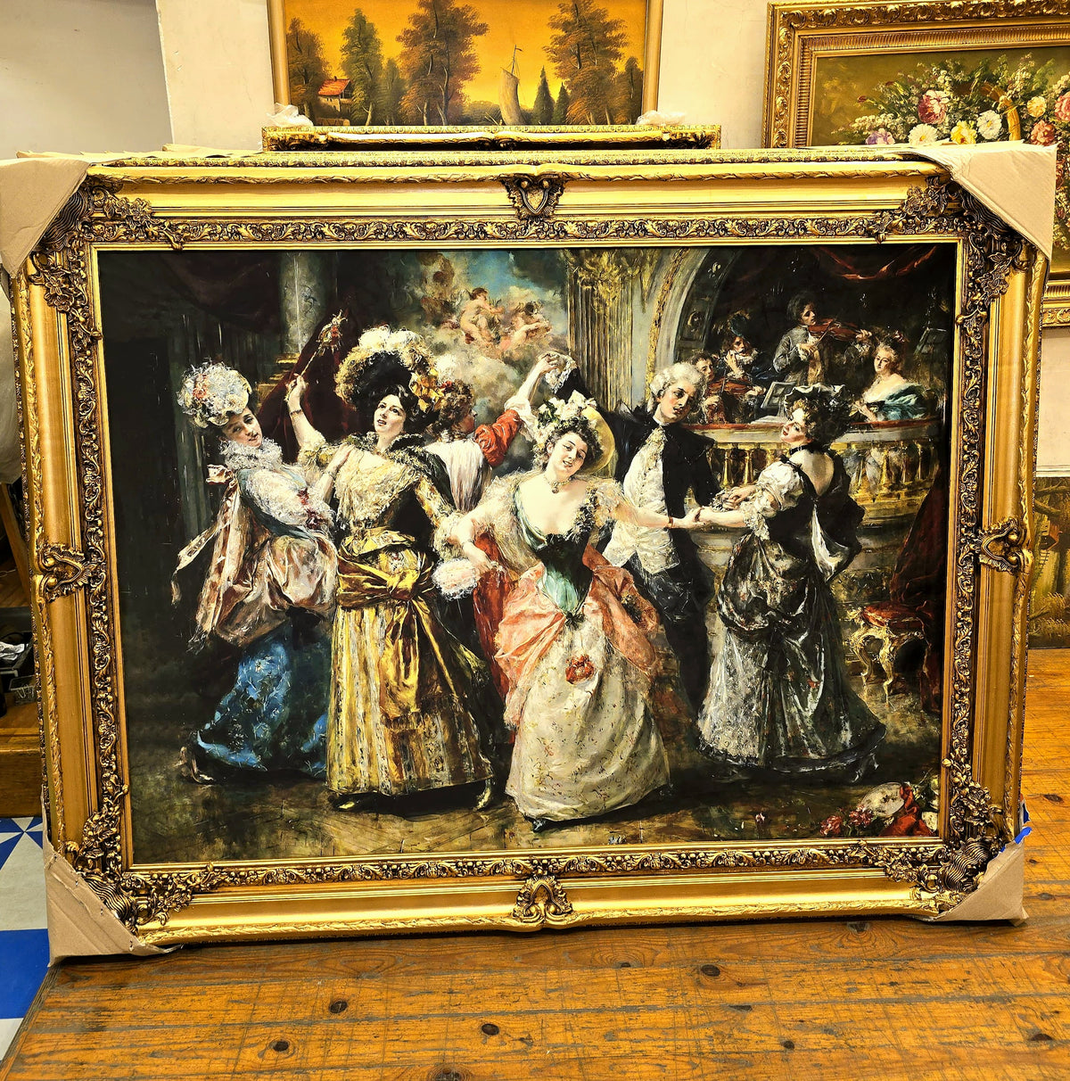 French-Style Ballroom Scene Artwork – Elegant Dancing Figures with Ornate Gold Leaf Frame