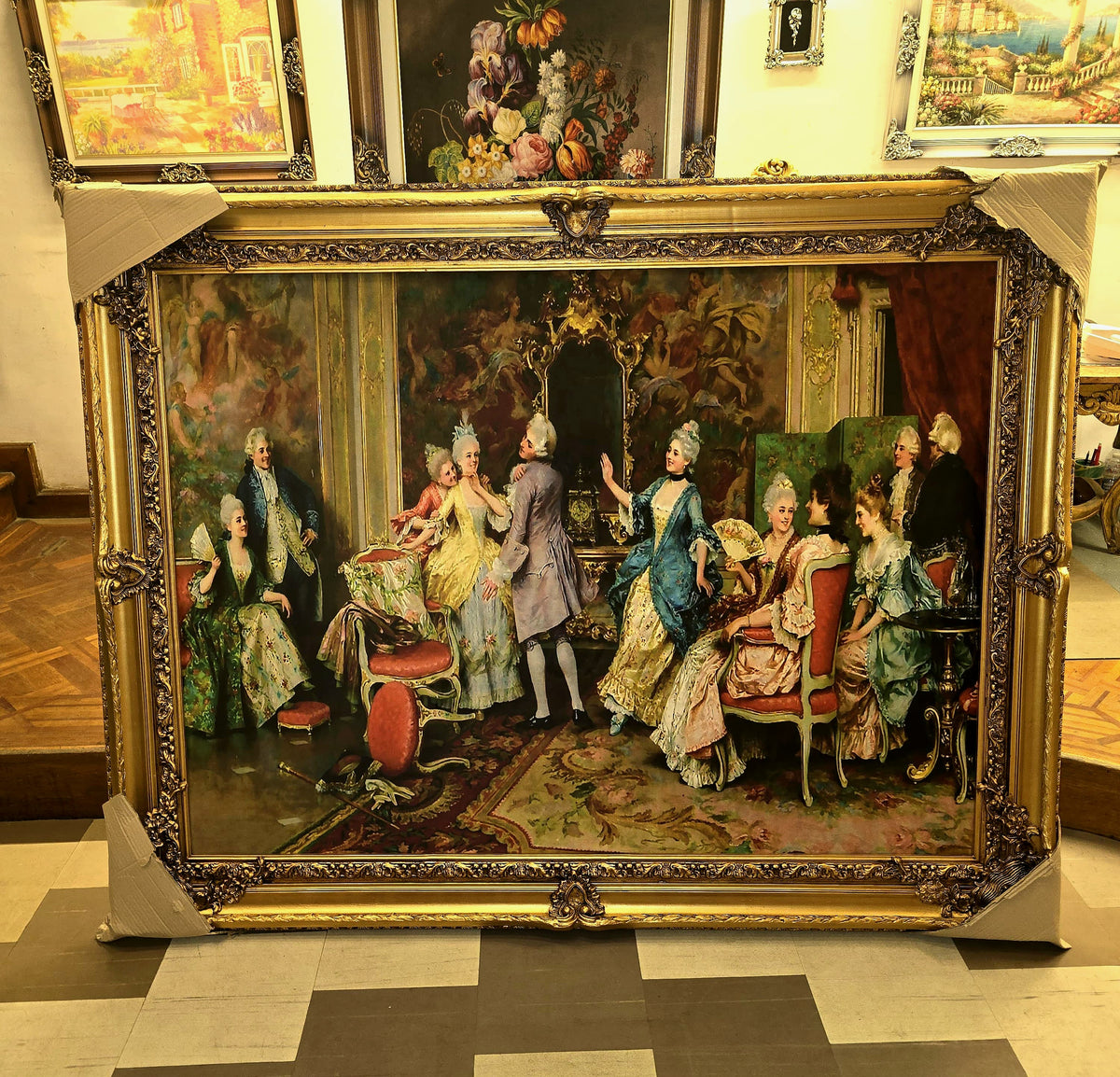 French Rococo-Style Salon Scene Painting – Elegant 18th-Century Social Gathering with Ornate Gold Leaf Frame