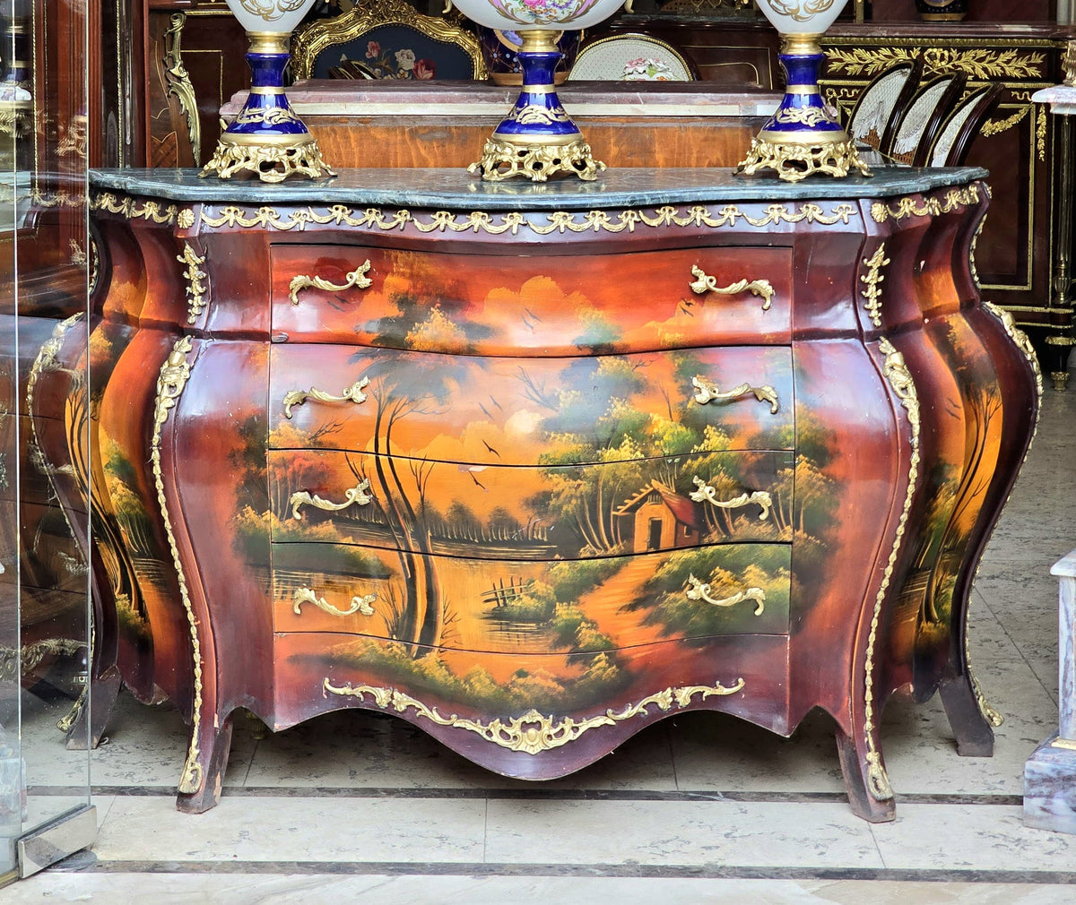 Grand French-Style Hand-Painted Commode – Scenic Landscape Artwork, Marble Top & Gold Leaf Details
