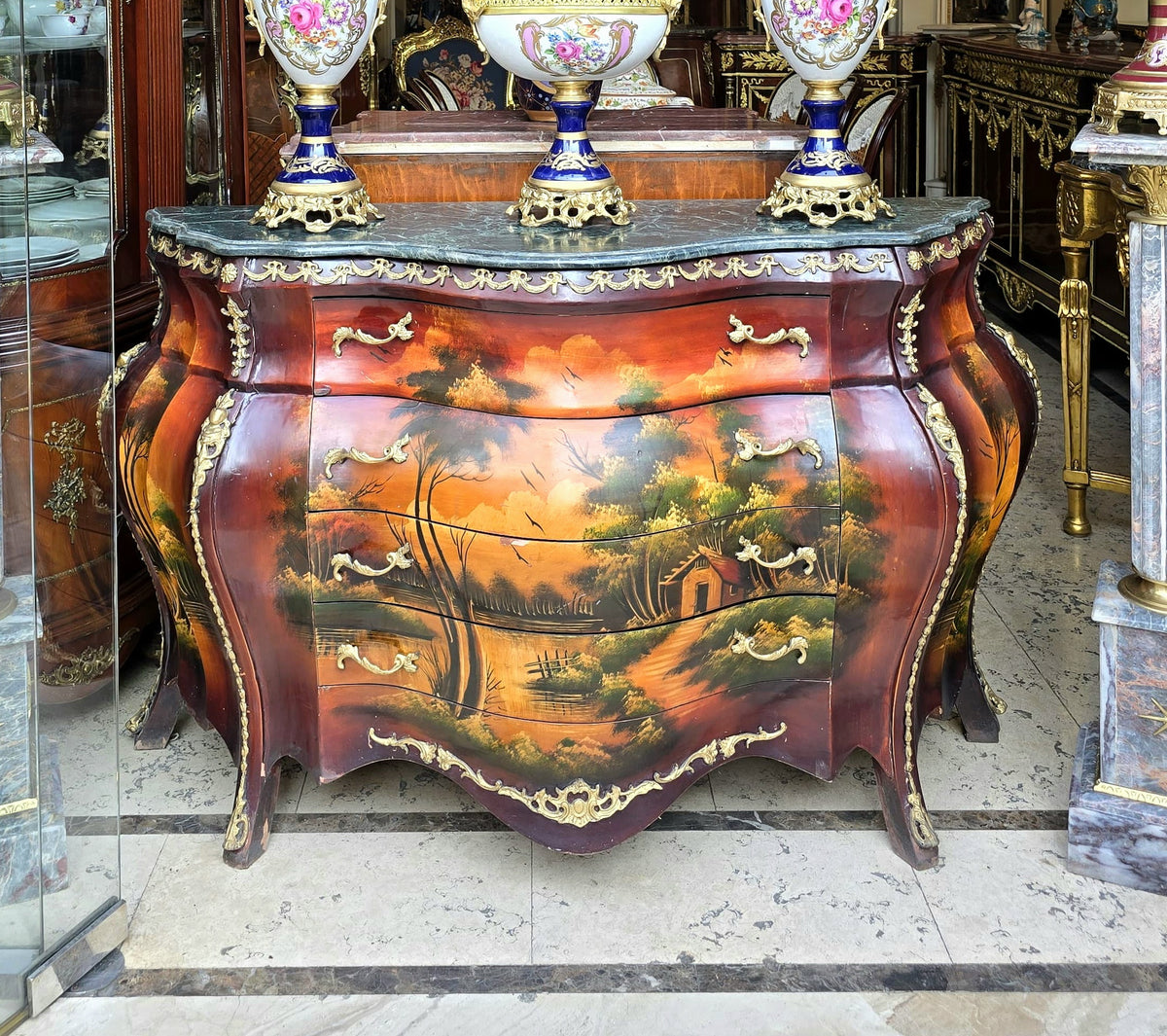 Grand French-Style Hand-Painted Commode – Scenic Landscape Artwork, Marble Top & Gold Leaf Details