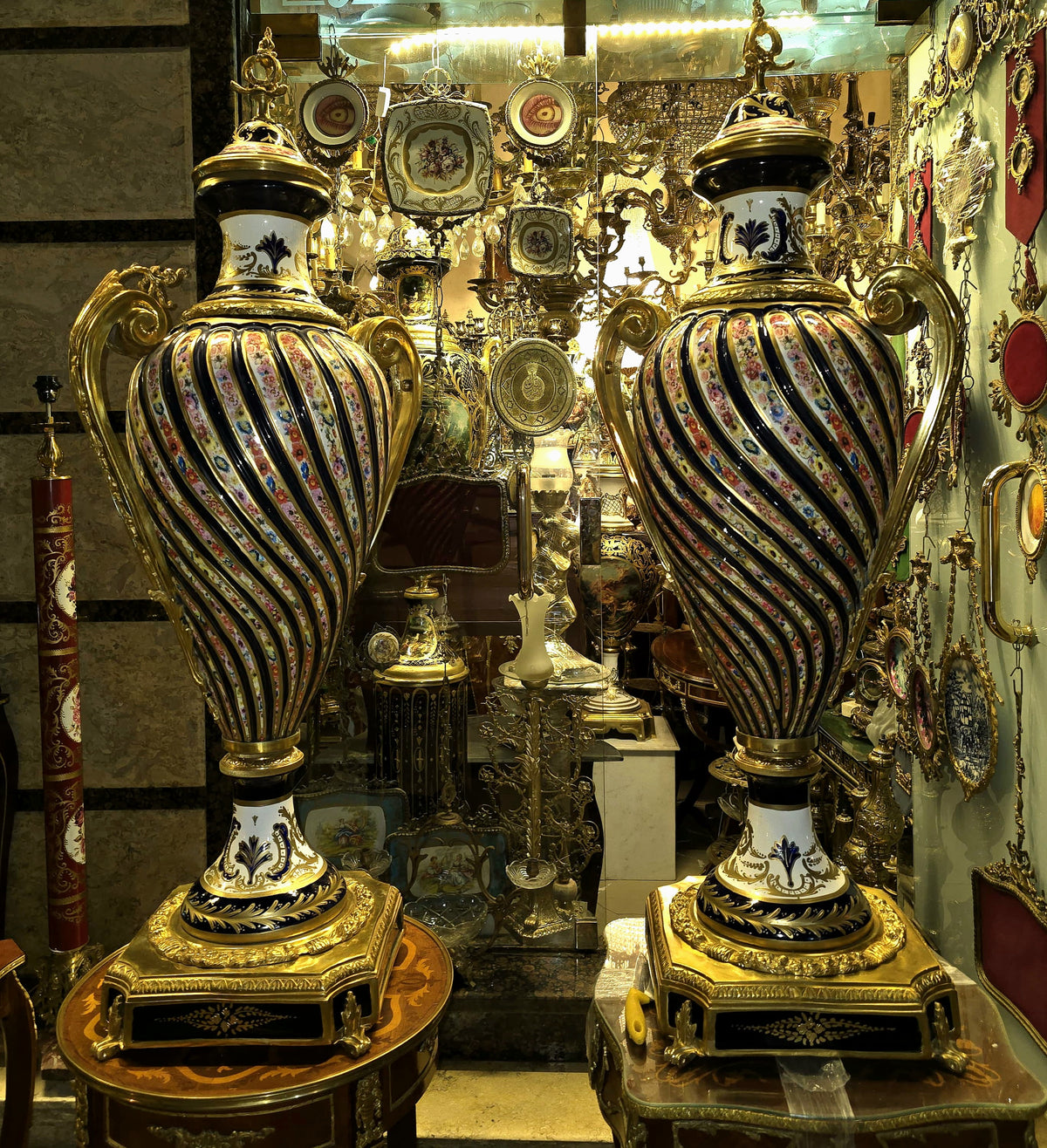 French Porcelain Vase with Blue, Burgundy and White Floral Decoration and Ornate Gold Leaf Bronze Accents