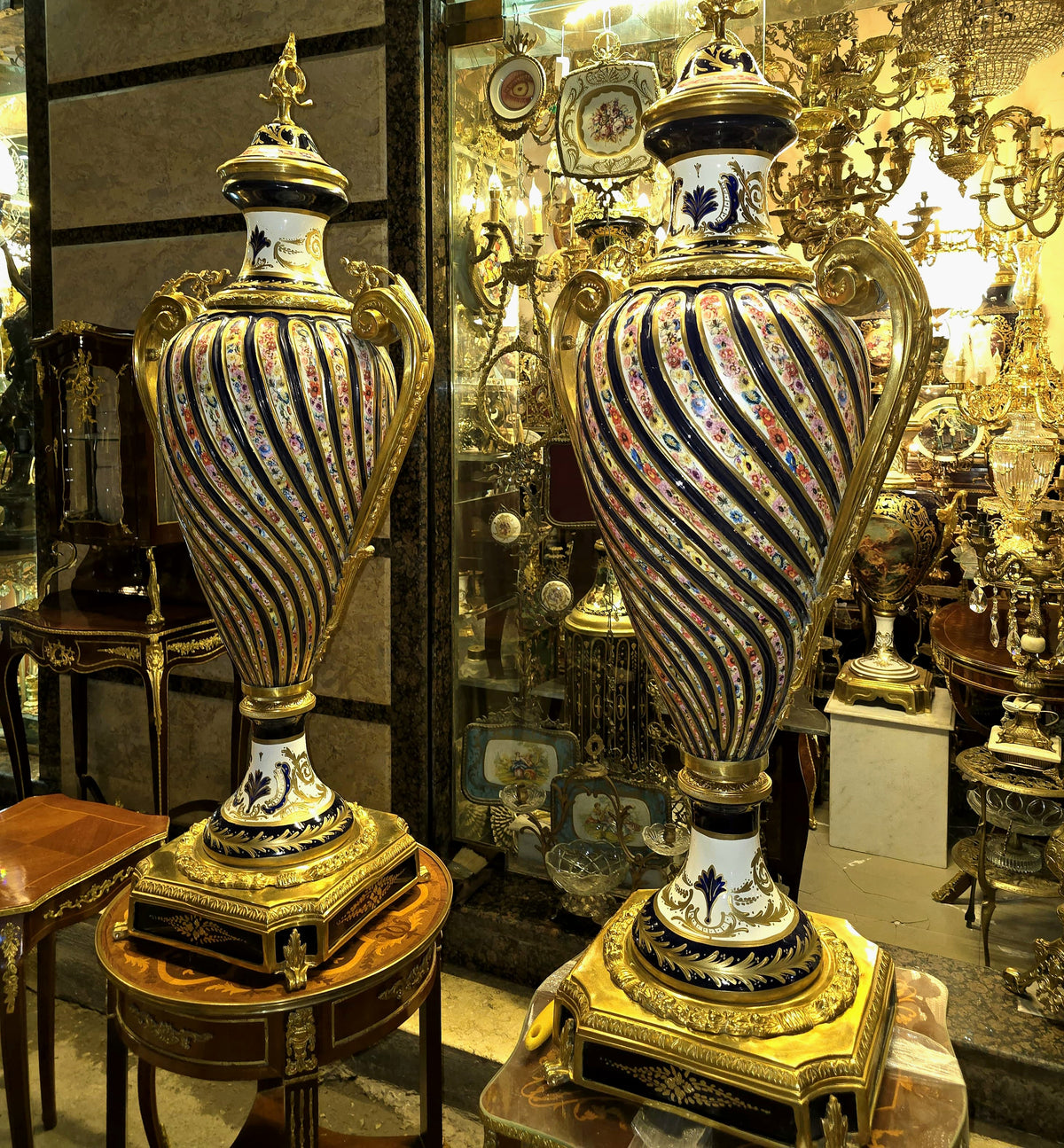 French Porcelain Vase with Blue, Burgundy and White Floral Decoration and Ornate Gold Leaf Bronze Accents