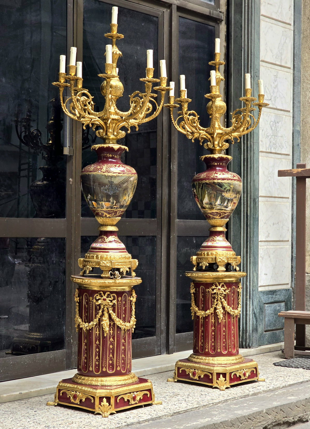 Grand French-Style Porcelain Vase & Pedestal Set – Burgundy Porcelain, Gold Leaf, Bronze & Ornate Candelabra
