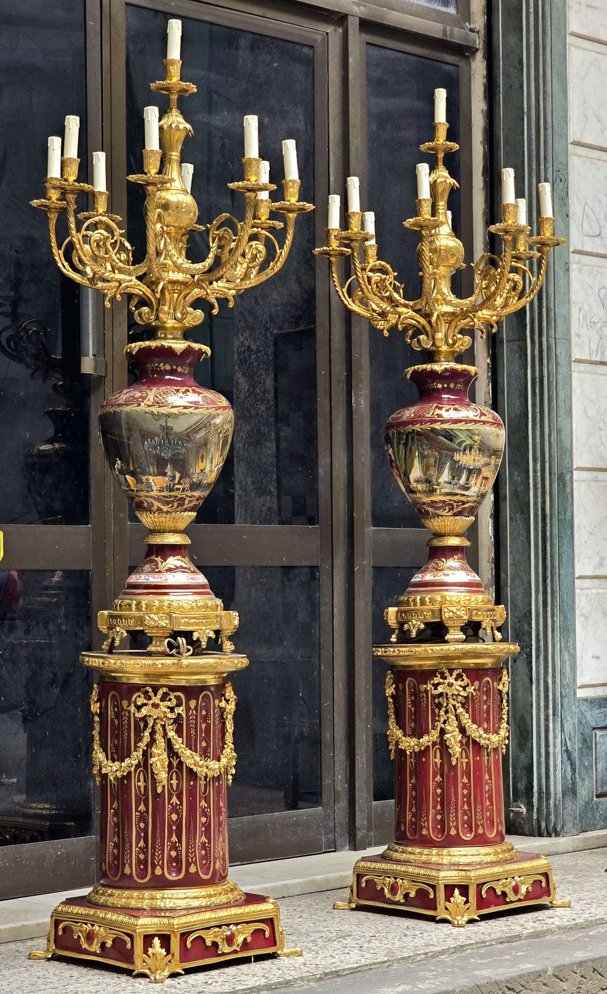 Grand French-Style Porcelain Vase & Pedestal Set – Burgundy Porcelain, Gold Leaf, Bronze & Ornate Candelabra