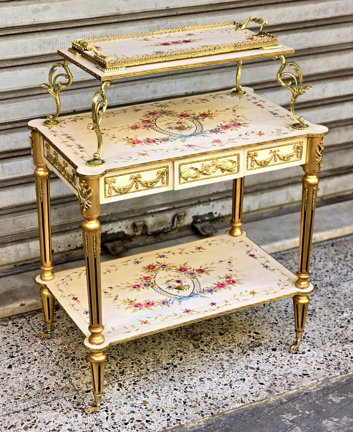 Ornate French-Style White Serving Table – Gilded Details, Floral Inlay & Three-Tier Design