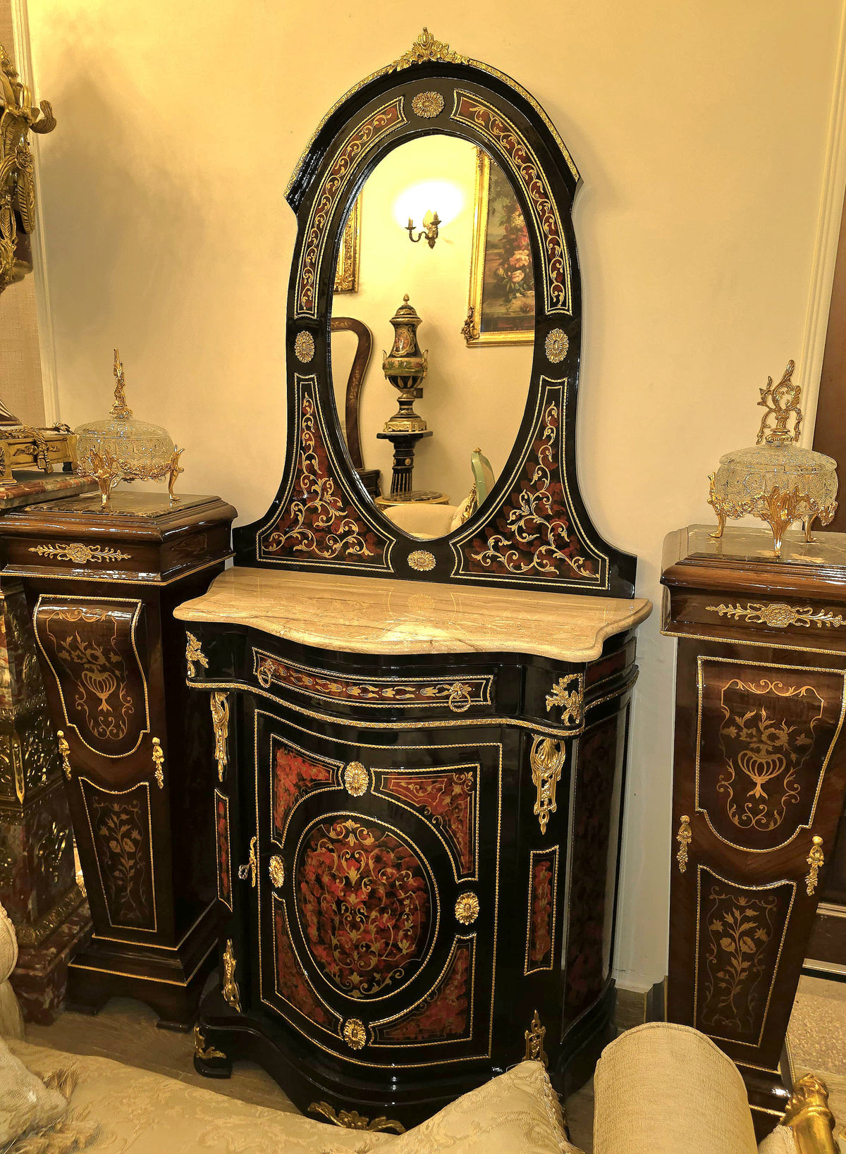 Grand French-Style Black Commode & Mirror Set – Gold Leaf, Bronze & Intricate Marquetry | 2-Piece Set