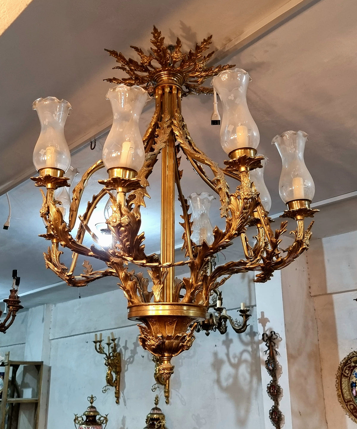 Grand French-Style Gilded Bronze Chandelier – Gold Leaf Finish with Floral Arms & Glass Shades
