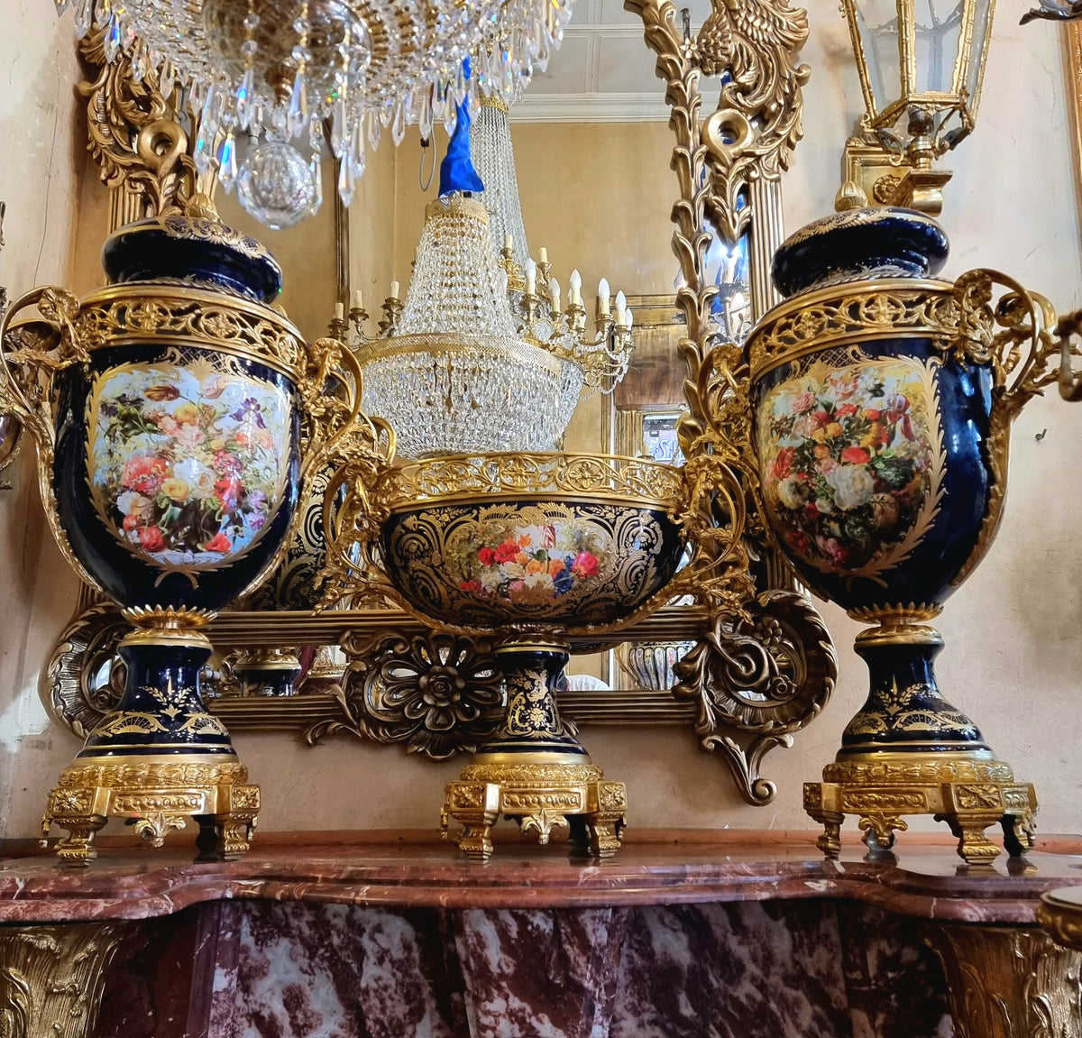Grand French-Style Blue Porcelain Garniture Set – Two Large Floral Vases & Decorative Center Bowl with Gold Leaf