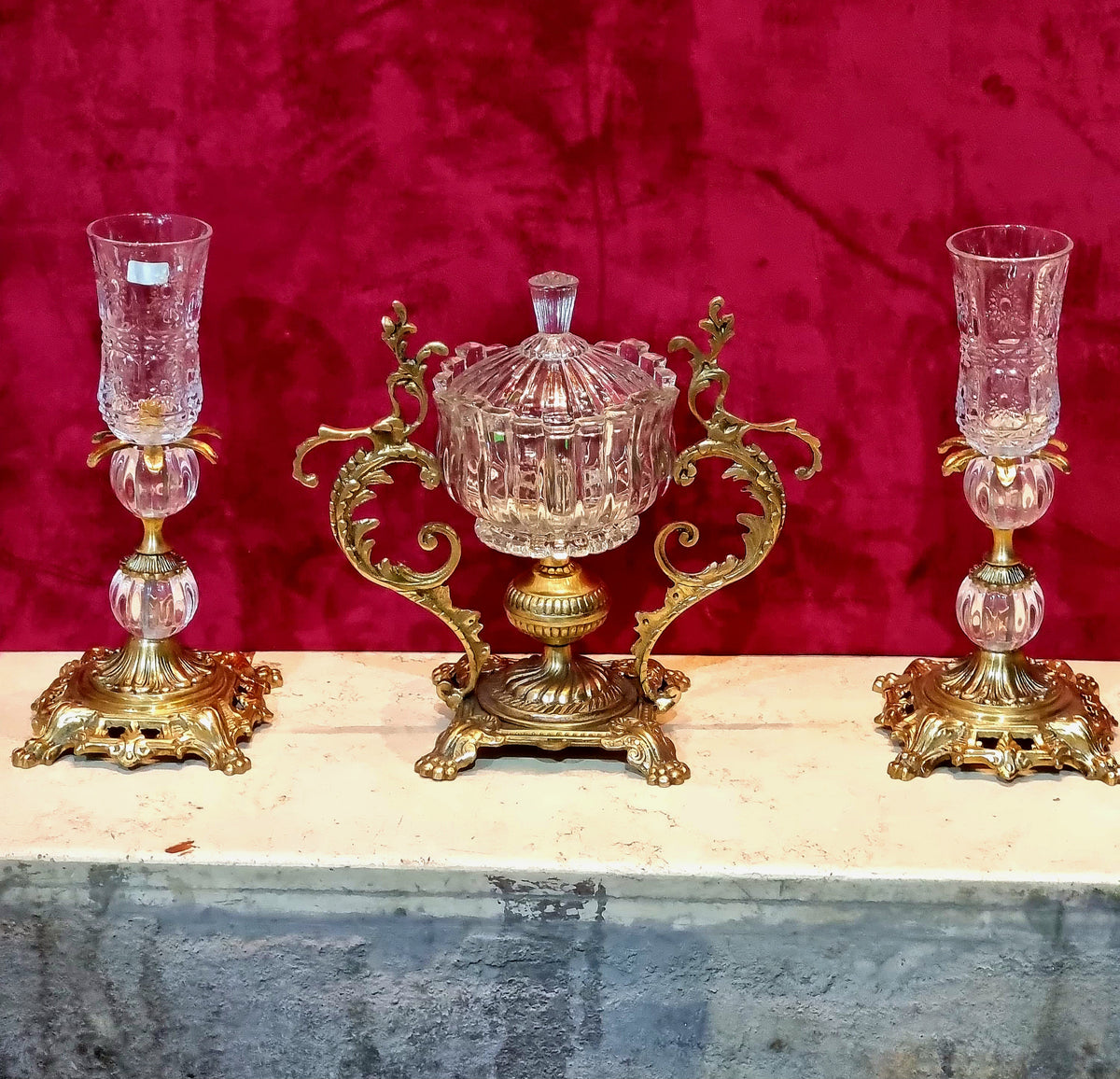 French-Style Crystal & Gilded Bronze Centerpiece Set – 3-Piece Collection with Ornate Gold Leaf Details