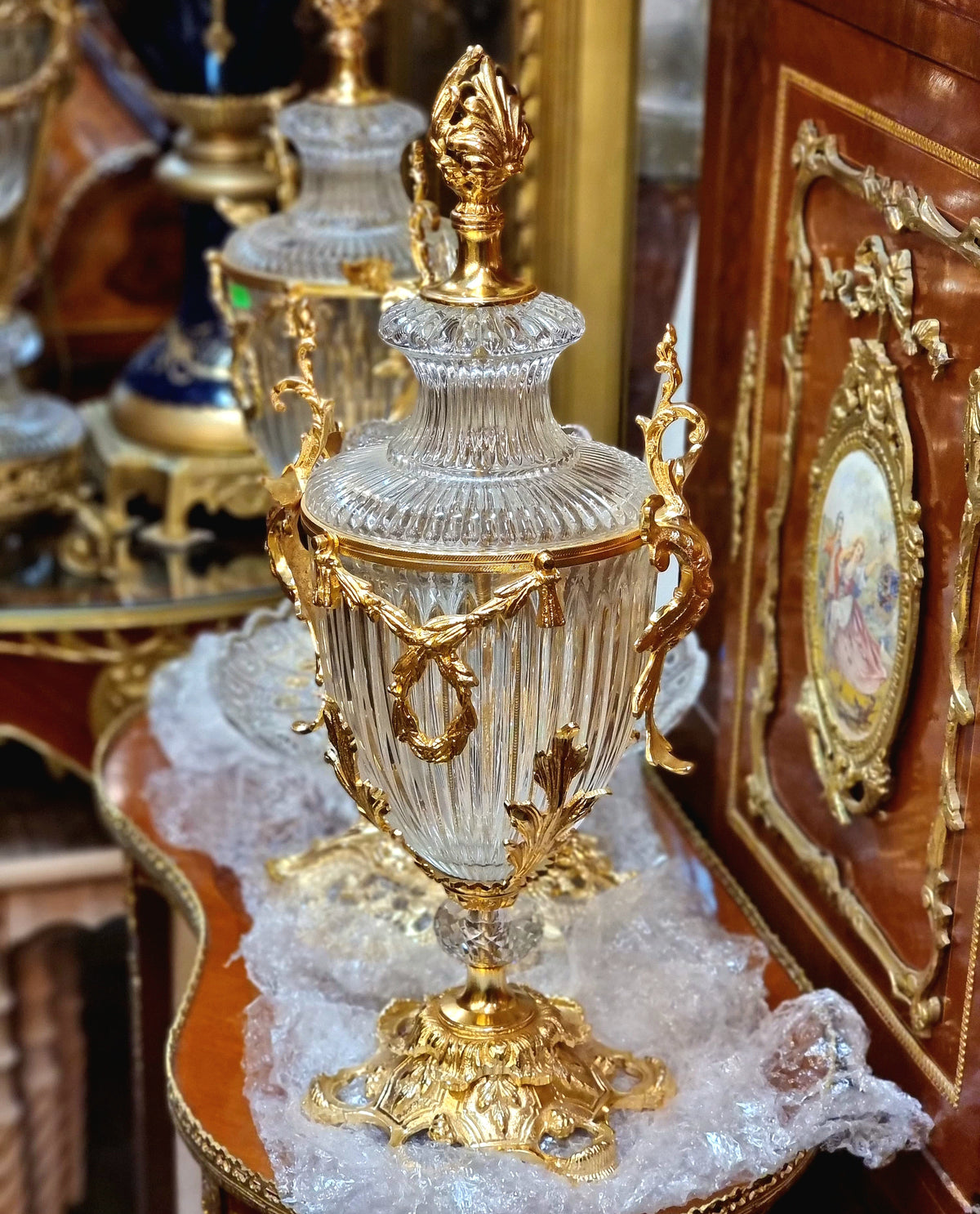 Ornate French-Style Crystal Vase – Gold Leaf & Gilded Bronze Details with Cut Crystal