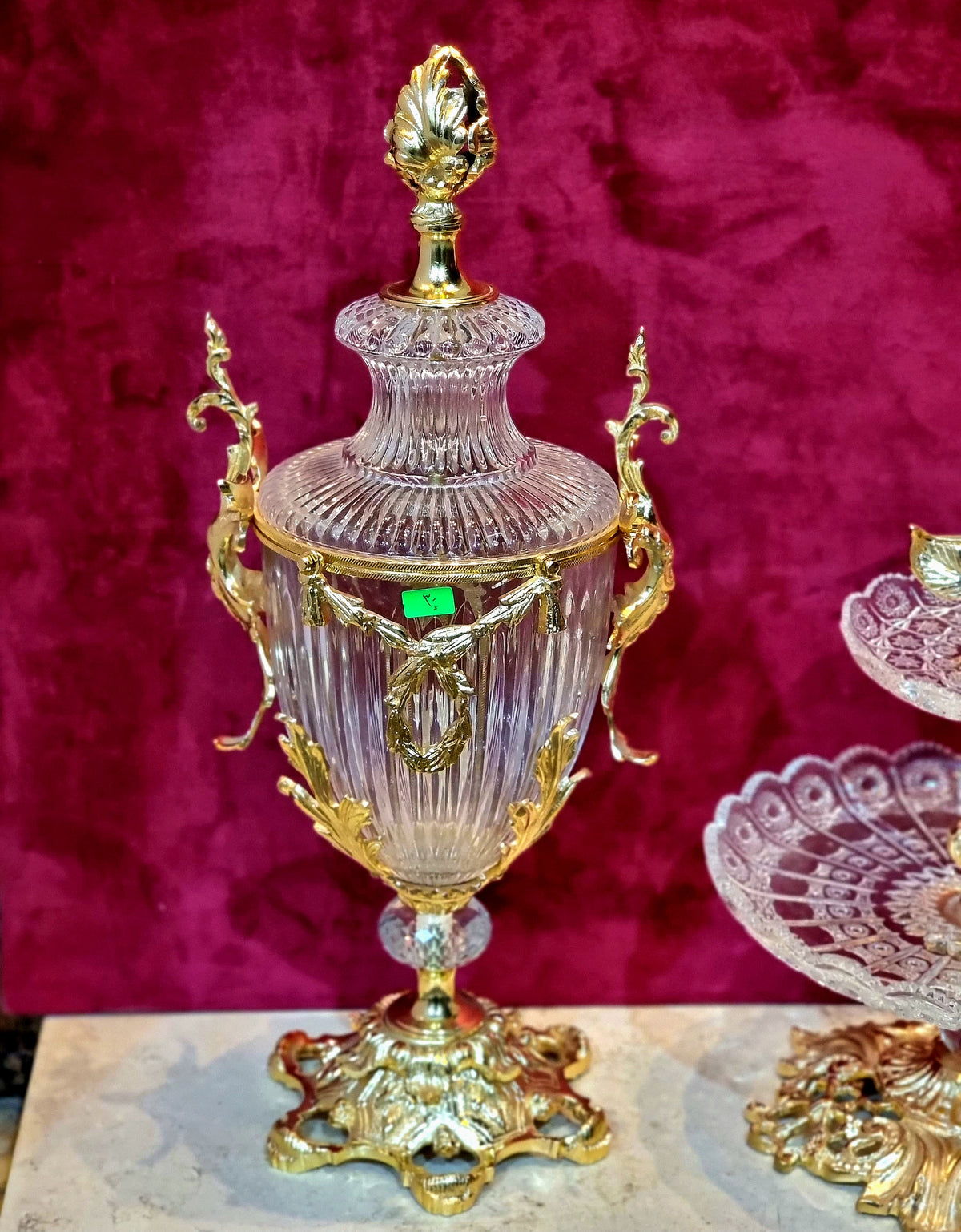 French-Style Crystal Vase – Ornate Gold Leaf Details, Gilded Bronze & Cut Crystal