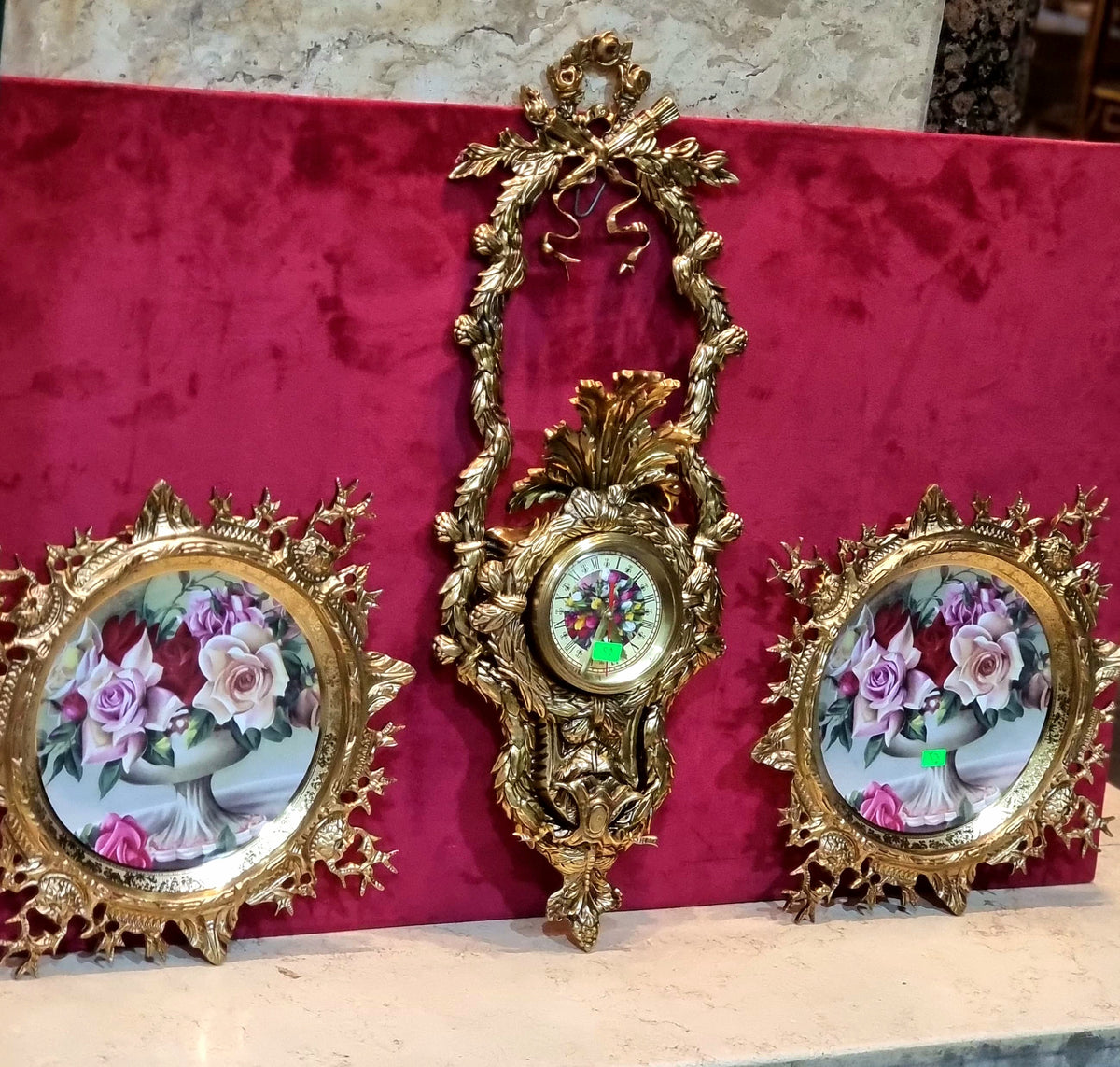 French-Style Gold Leaf Clock & Porcelain Wall Plate Set – 3-Piece Rose Motif Collection