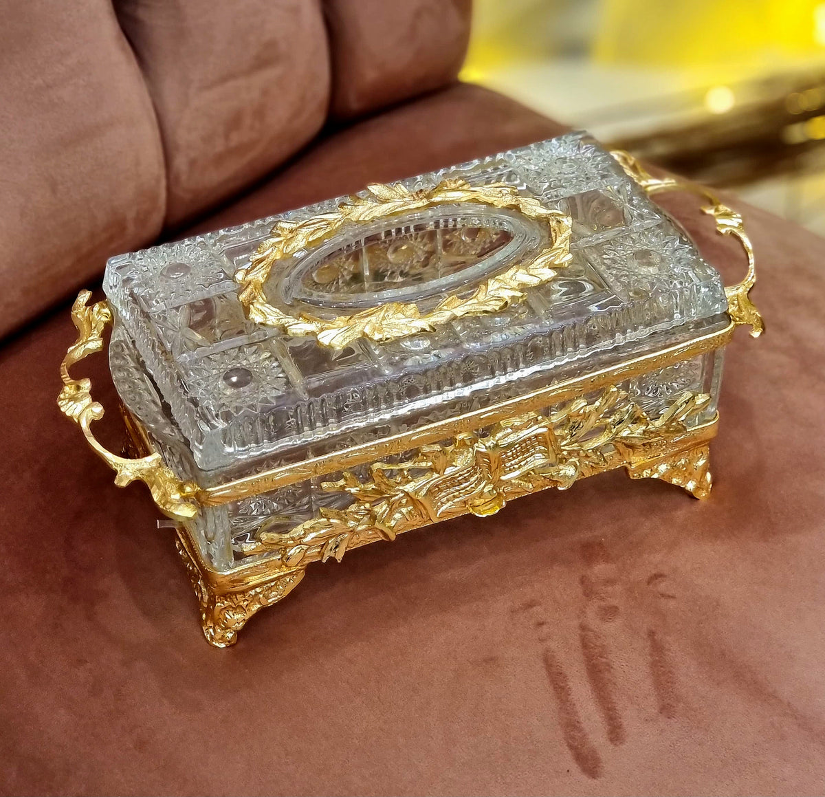 French-Style Gilded Crystal Jewelry Casket with Ornate Gold Leaf Details and Sculptural Decorative Handles