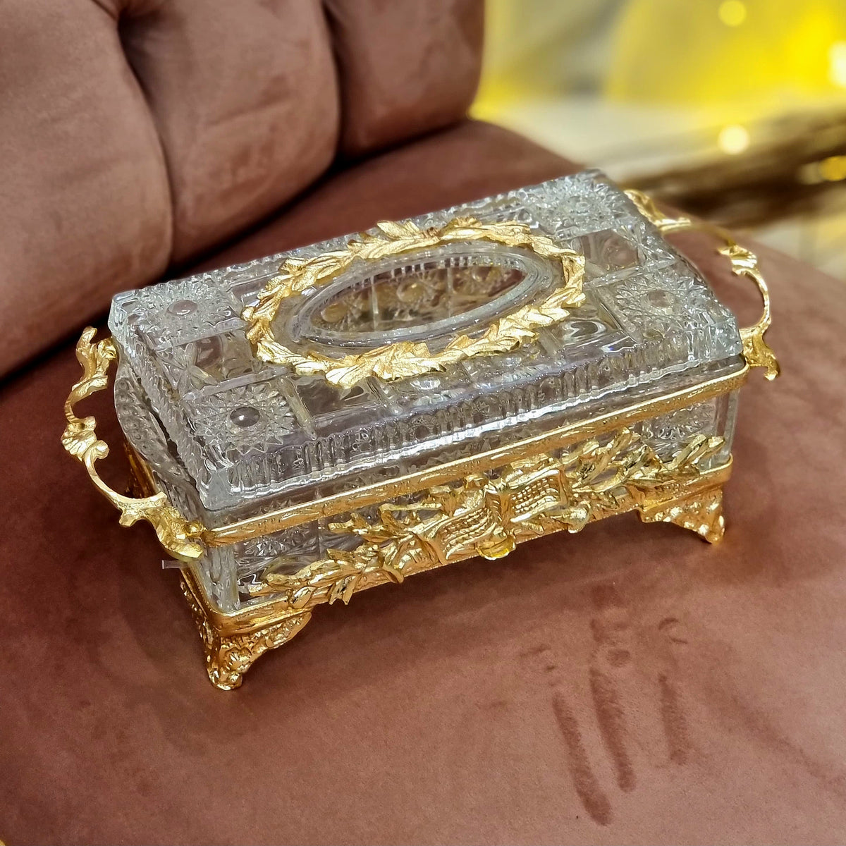 French-Style Gilded Crystal Jewelry Casket with Ornate Gold Leaf Details and Sculptural Decorative Handles