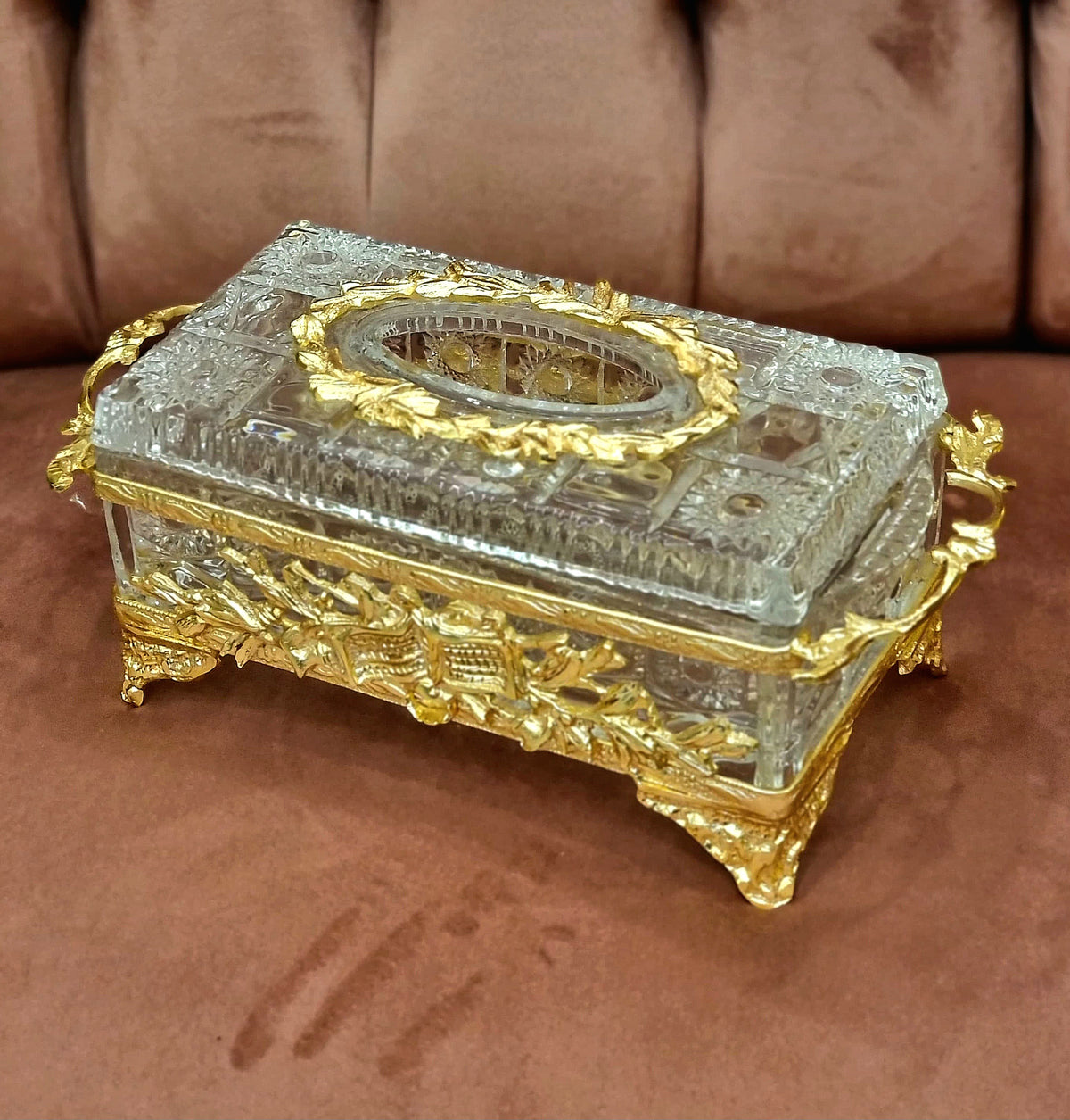 French-Style Gilded Crystal Jewelry Casket with Ornate Gold Leaf Details and Sculptural Decorative Handles