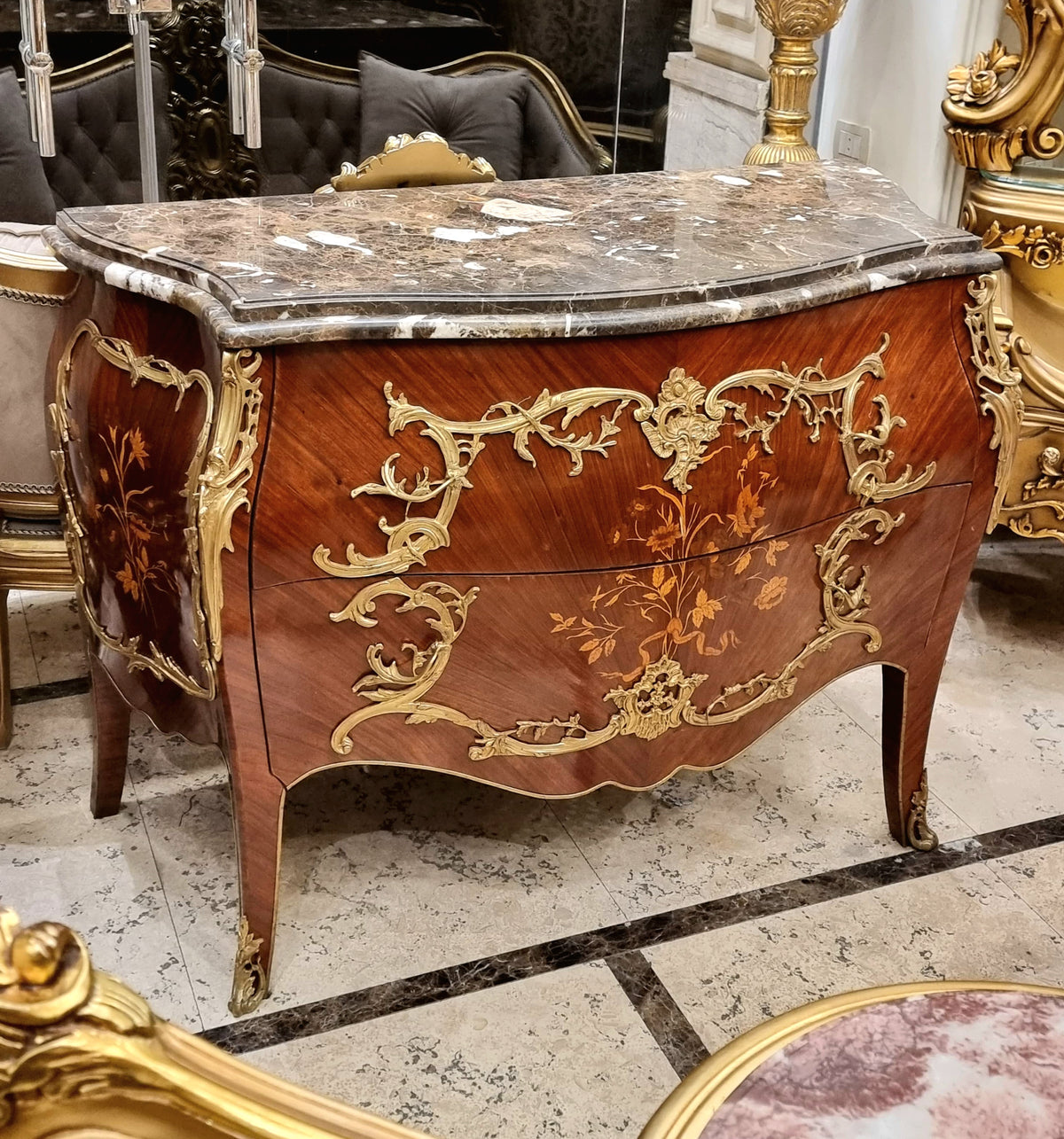 French Bombe Commode with Floral Marquetry, Gilded Bronze Ormolu and Polished Marble Top