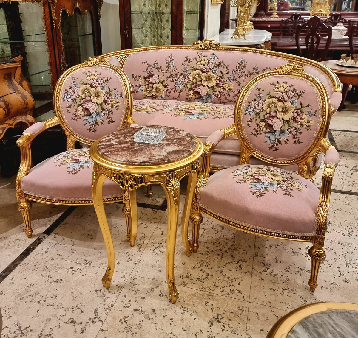 French Louis XV Style 4-Piece Living Room Set with Pink Floral Damask Upholstery, Gilded Gold Leaf Frames and Marble Top Table