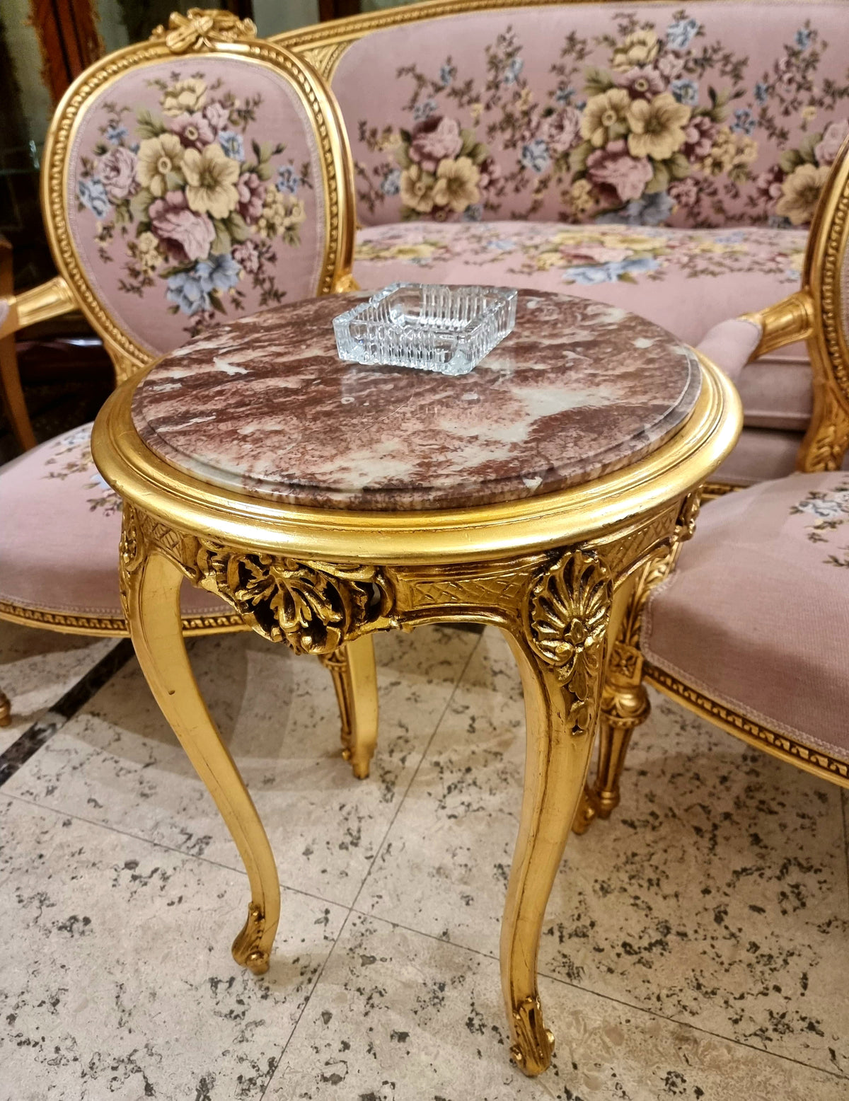 French Louis XV Style 4-Piece Living Room Set with Pink Floral Damask Upholstery, Gilded Gold Leaf Frames and Marble Top Table