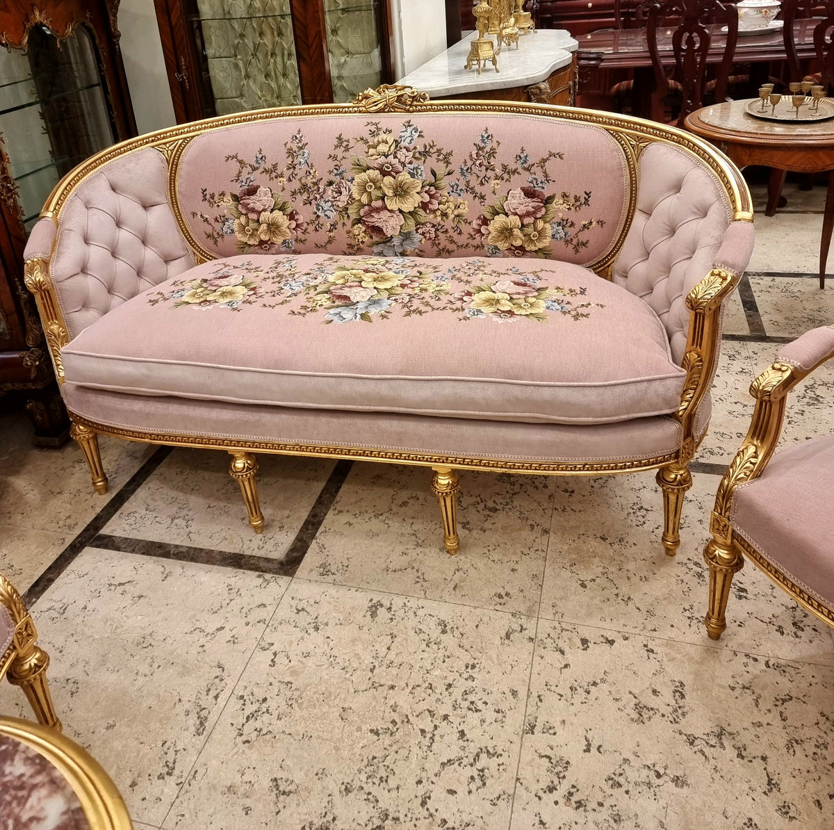 French Louis XV Style 4-Piece Living Room Set with Pink Floral Damask Upholstery, Gilded Gold Leaf Frames and Marble Top Table