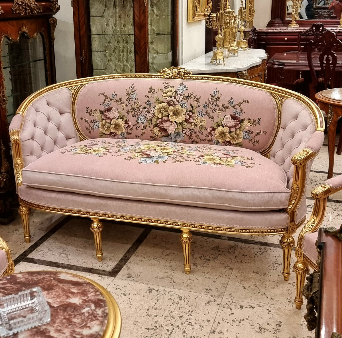 French Louis XV Style 4-Piece Living Room Set with Pink Floral Damask Upholstery, Gilded Gold Leaf Frames and Marble Top Table