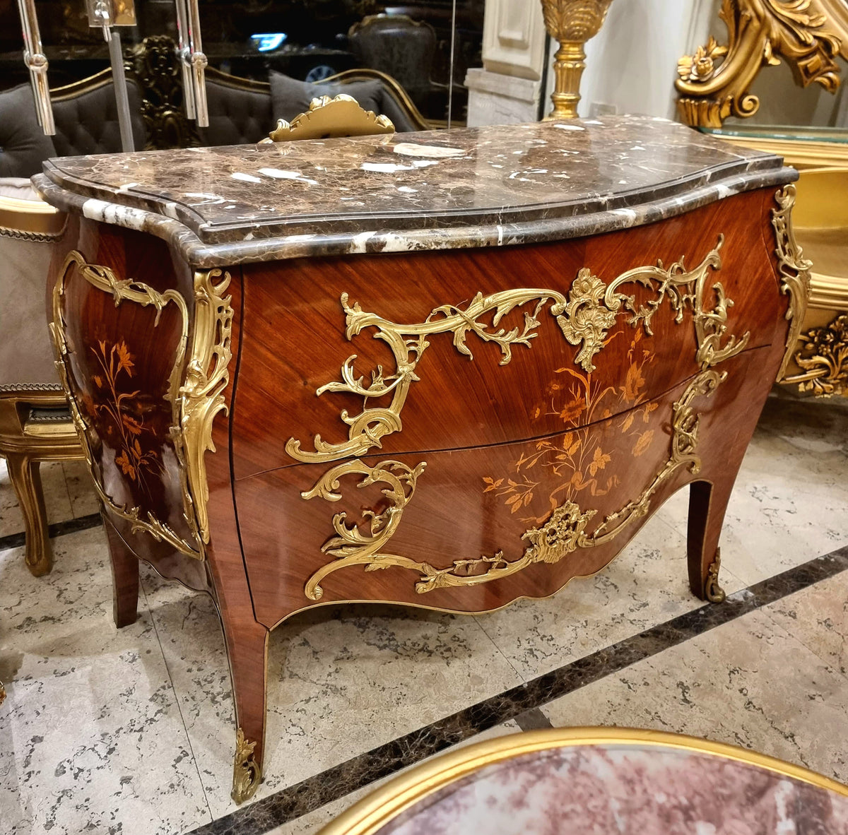 French Bombe Commode with Floral Marquetry, Gilded Bronze Ormolu and Polished Marble Top