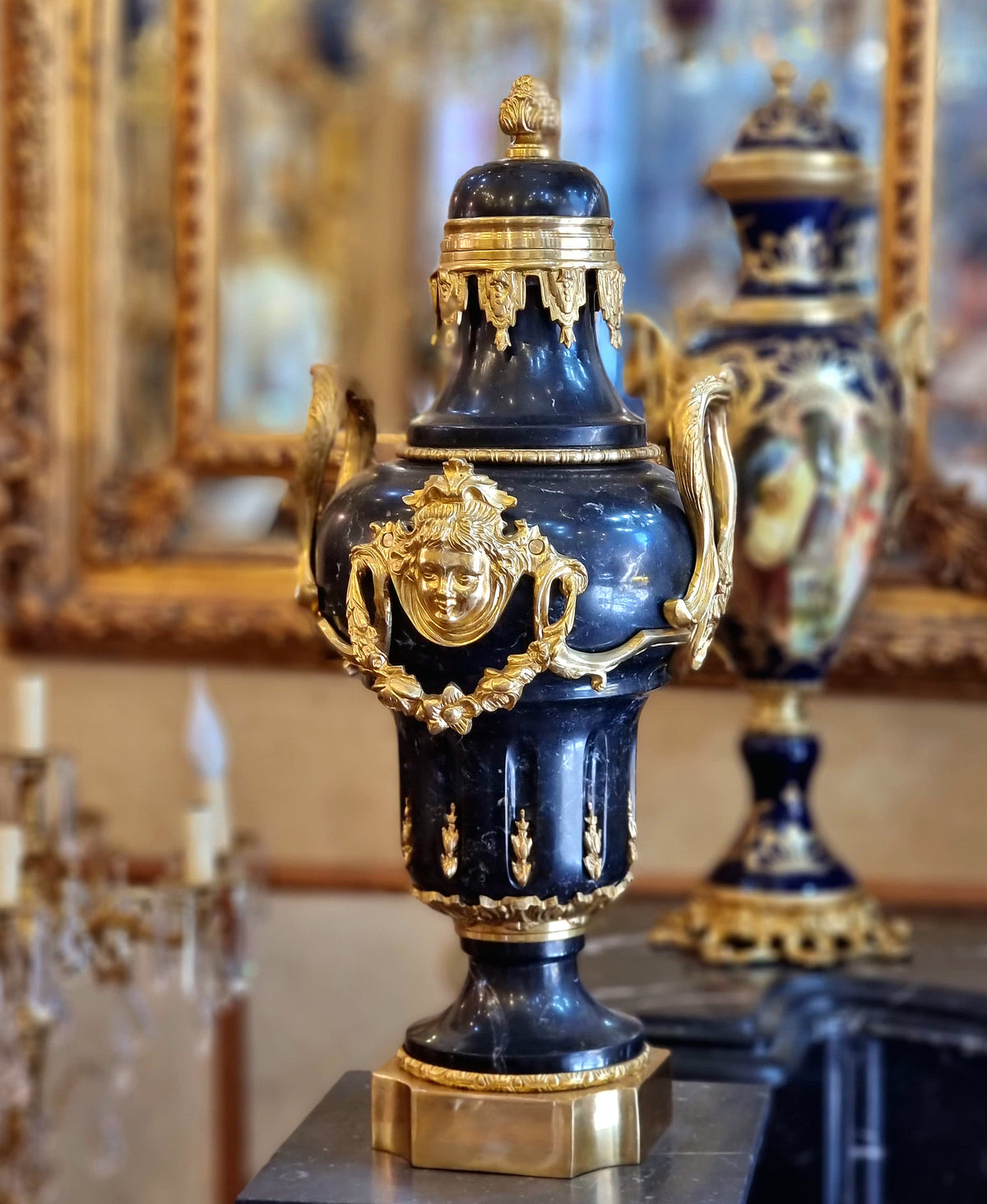 French Empire Style Black Marble Pedestal with Porcelain Urn, Bronze Mounts, Gold Leaf and Sculpted Details