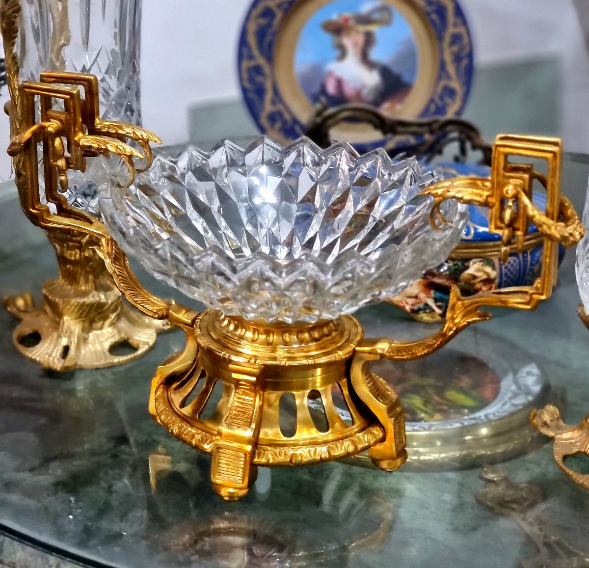 French-Style Gilded Gold Leaf Crystal Centerpiece Bowl with Ornate Bronze Mounts for Table or Console