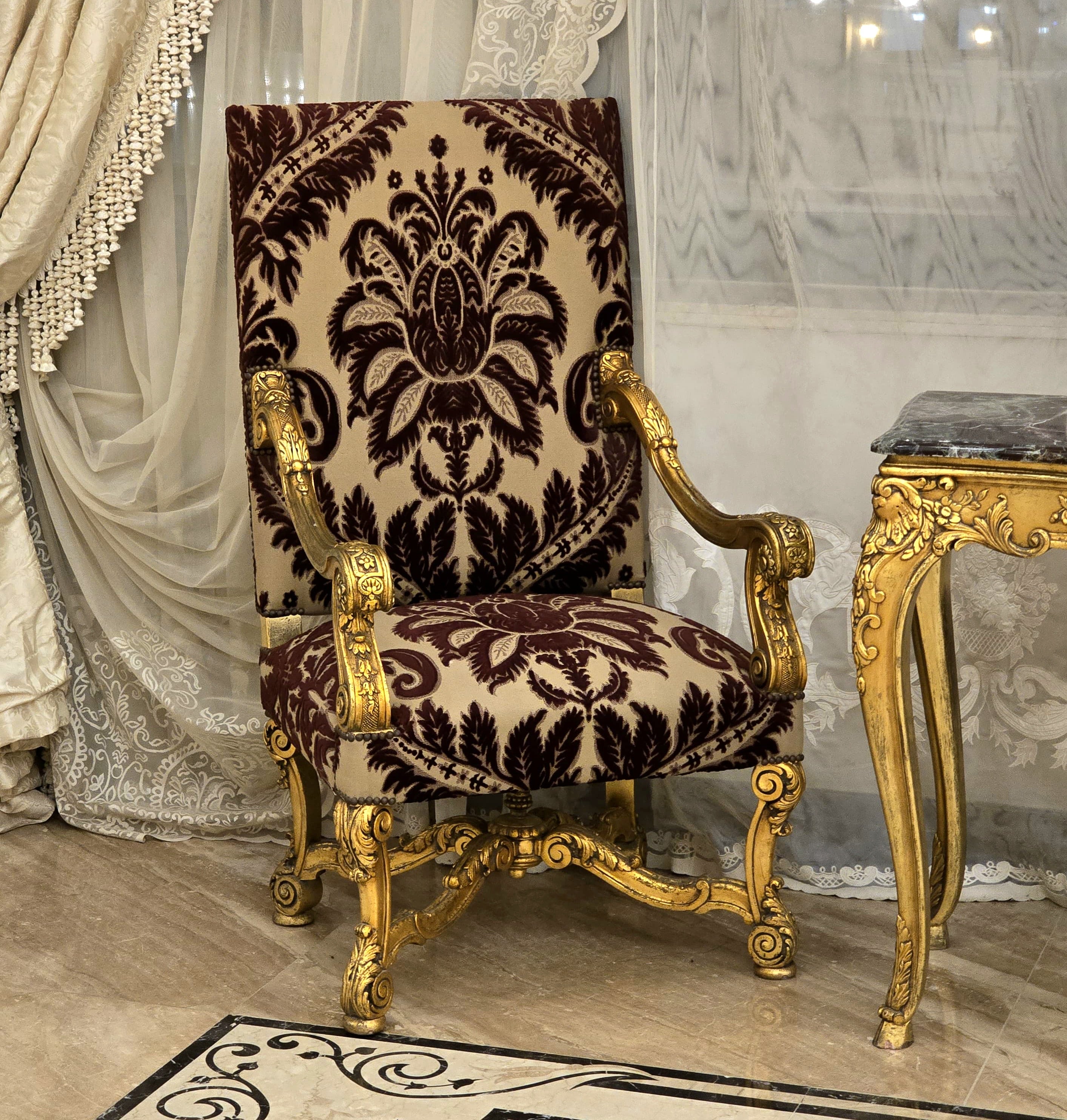 Elegant French Louis XV Armchair with Gold Leaf Frame & Soft Damask Upholstery