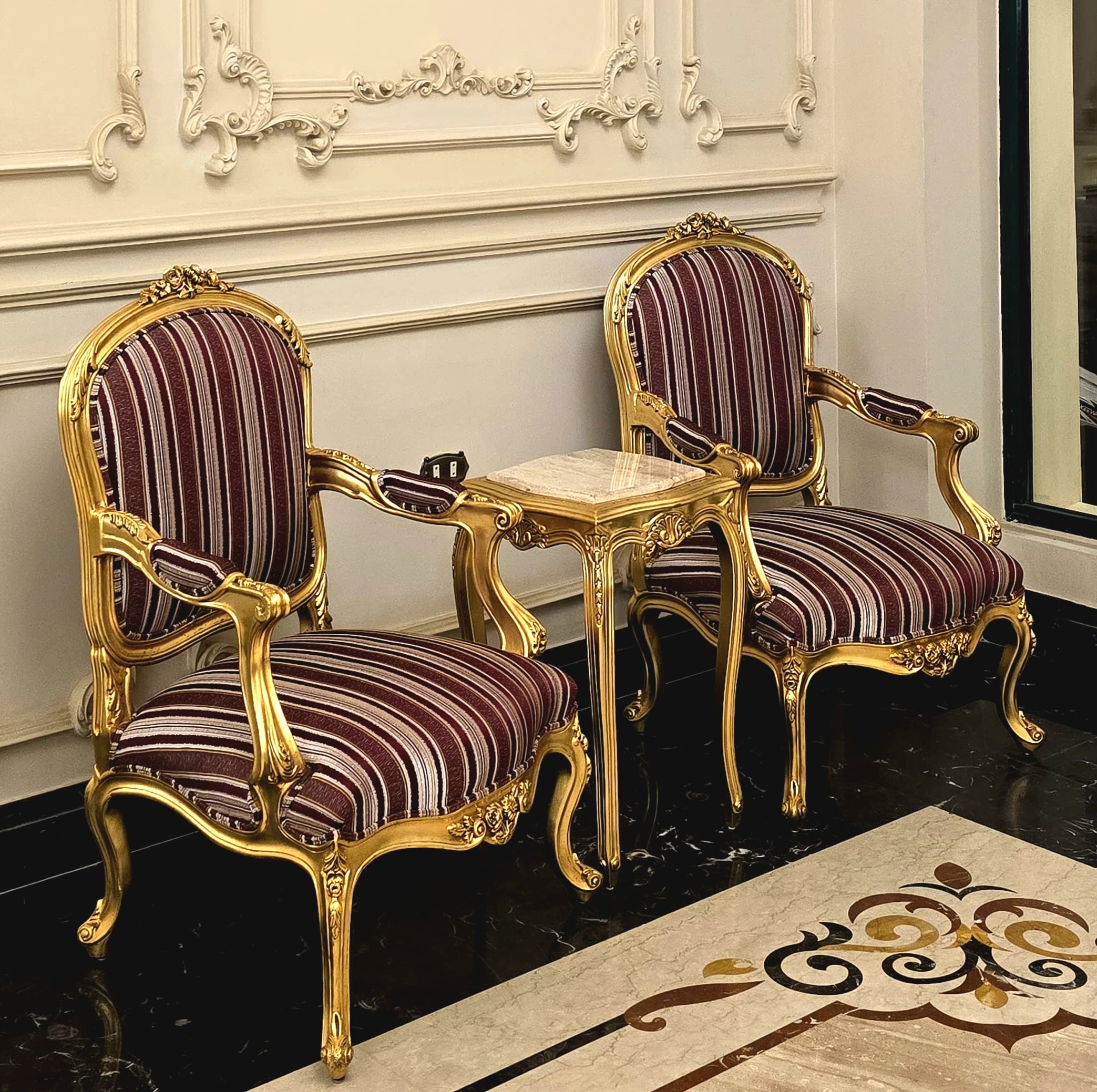 Elegant French Louis XV Style Armchair with Gold Leaf Frame & Striped Damask Upholstery