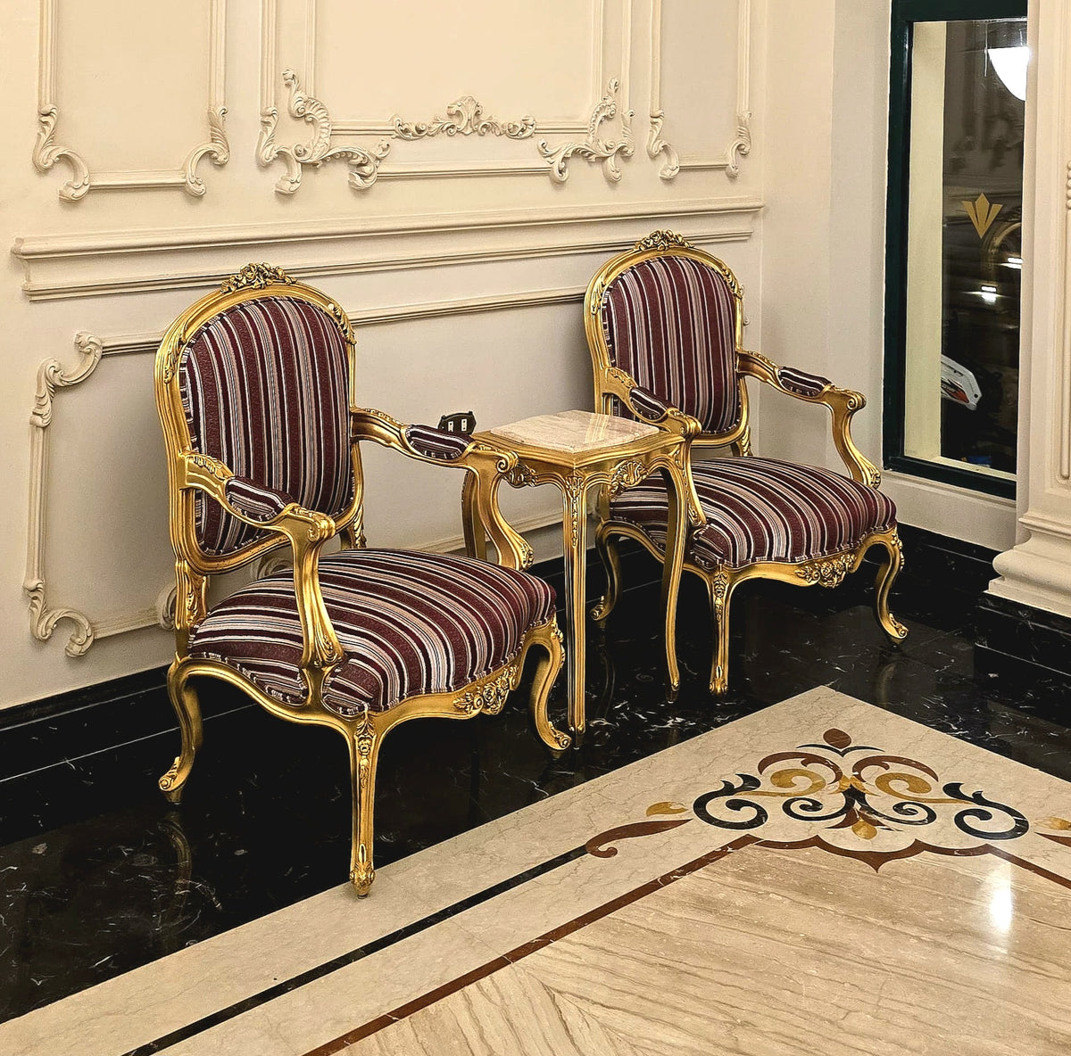 Elegant French Louis XV Style Armchair with Gold Leaf Frame & Striped Damask Upholstery