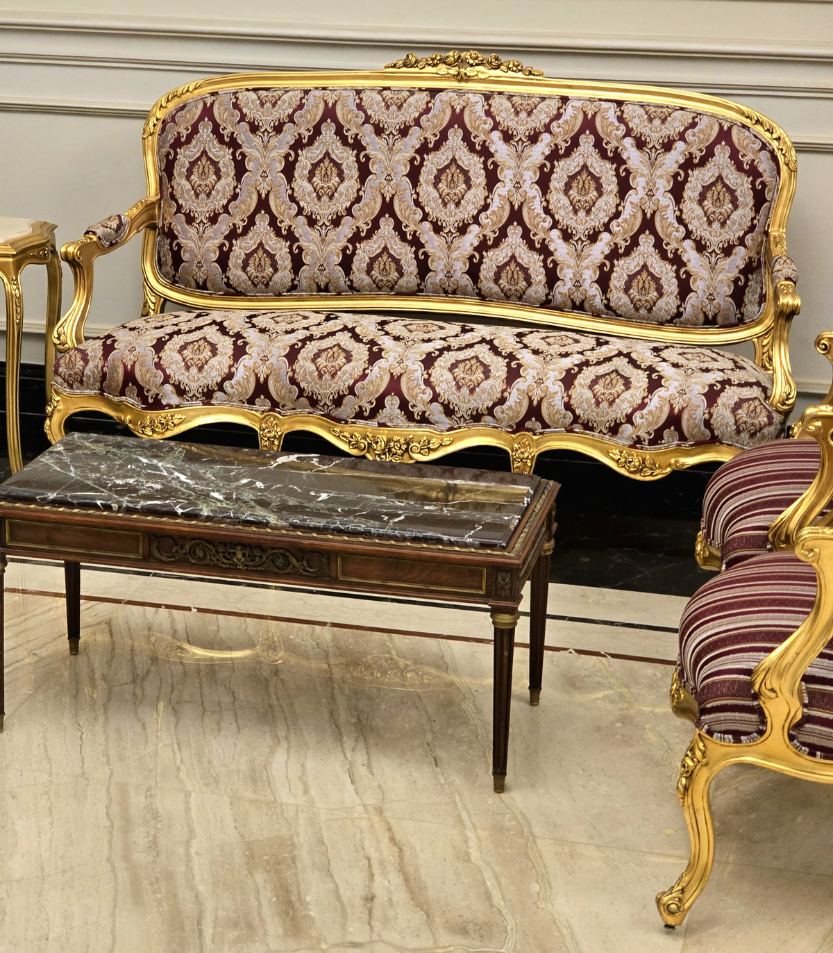 French Louis XV Style Sofa – Burgundy Damask Upholstery with Hand-Applied Gold Leaf Frame