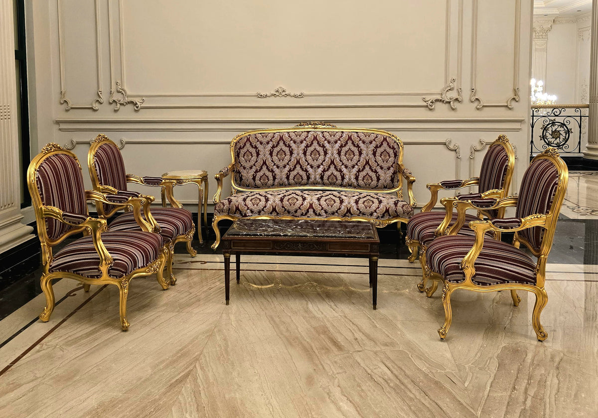 French Louis XVI Style Salon Set – Gilded Gold Leaf Sofa & 4 Armchairs with Burgundy Damask Upholstery