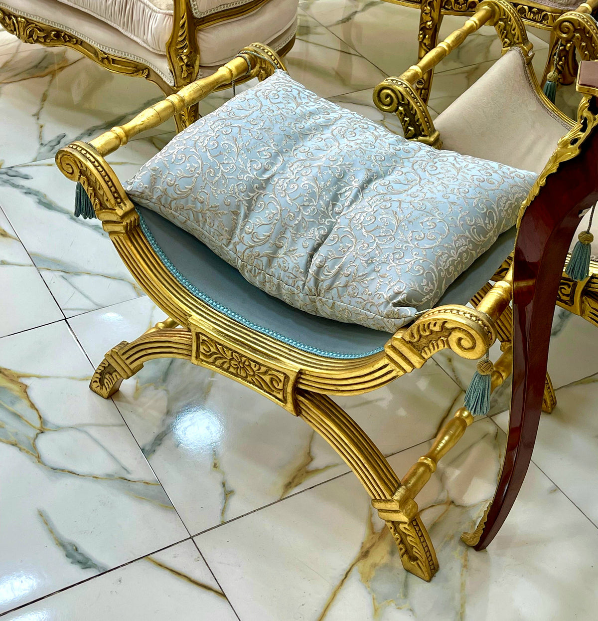 Light Blue French-Style Accent Bench – Ornate Gilded Frame with Baroque Details