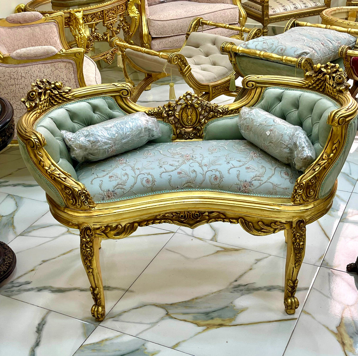 Gilded Baroque Bench – Light Blue Damask & White Tufted Velvet Upholstery