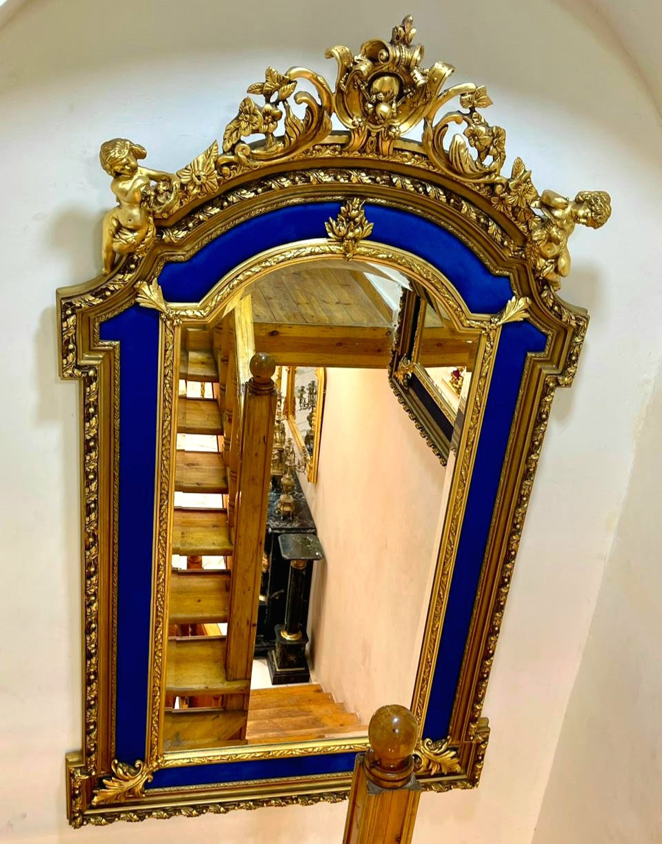 Grand French Baroque Wall Mirror – Ornate Gilded Frame with Blue Velvet & Cherub Detail
