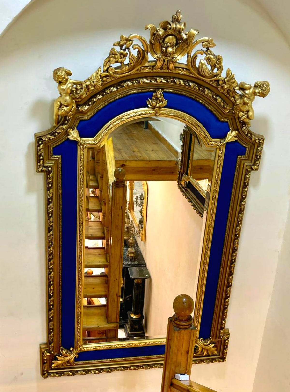 Grand French Baroque Wall Mirror – Ornate Gilded Frame with Blue Velvet & Cherub Detail