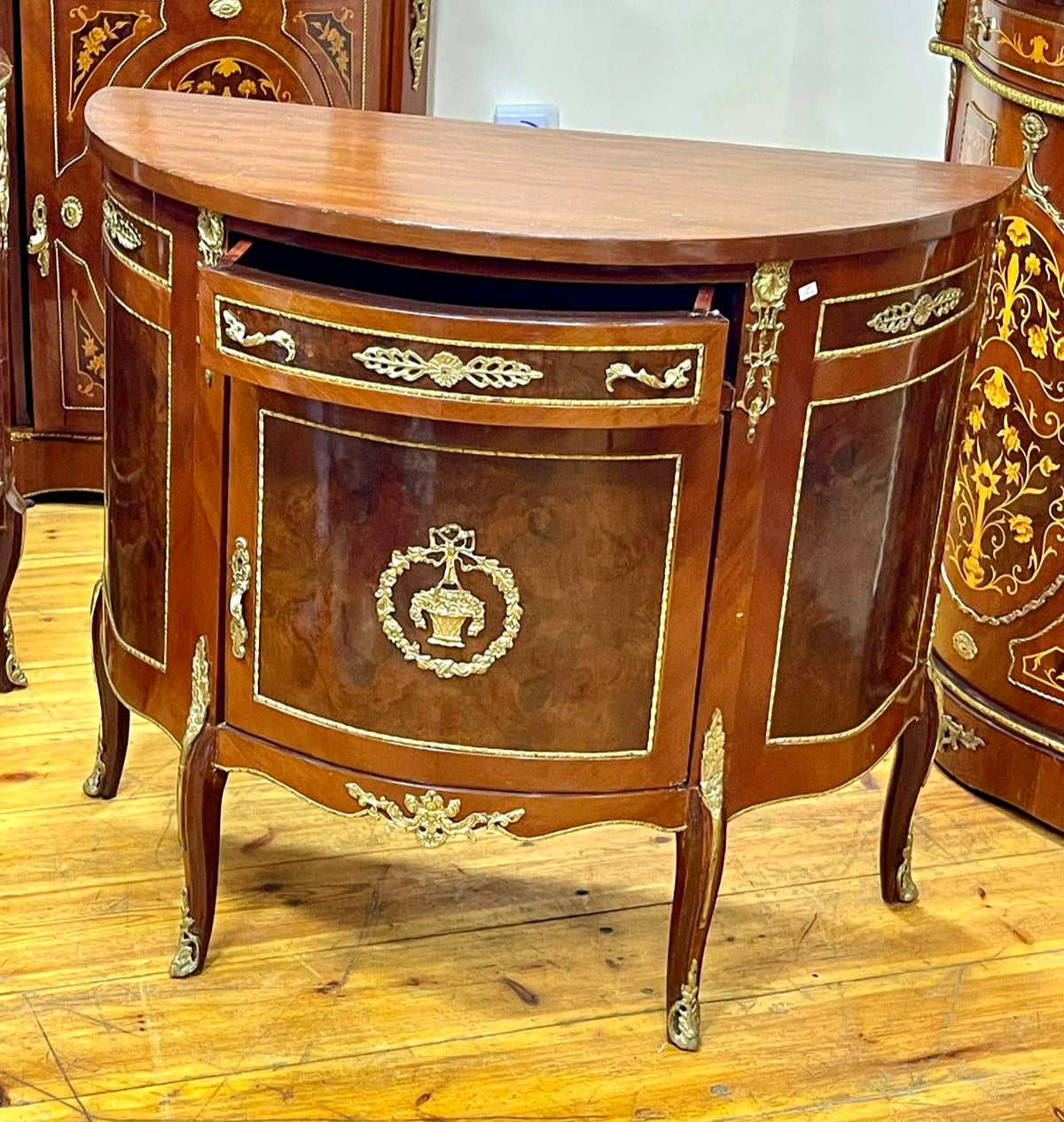 French-Style Demilune Sideboard – Premium Hardwood with Intricate Gold Leaf Details