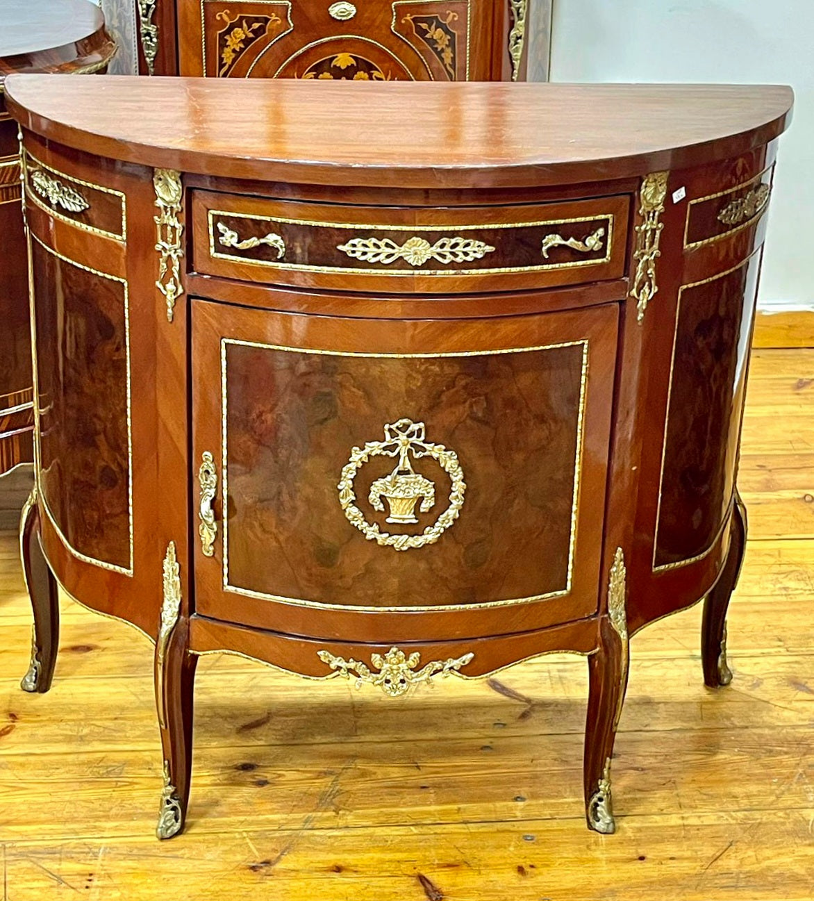 French-Style Demilune Sideboard – Premium Hardwood with Intricate Gold Leaf Details