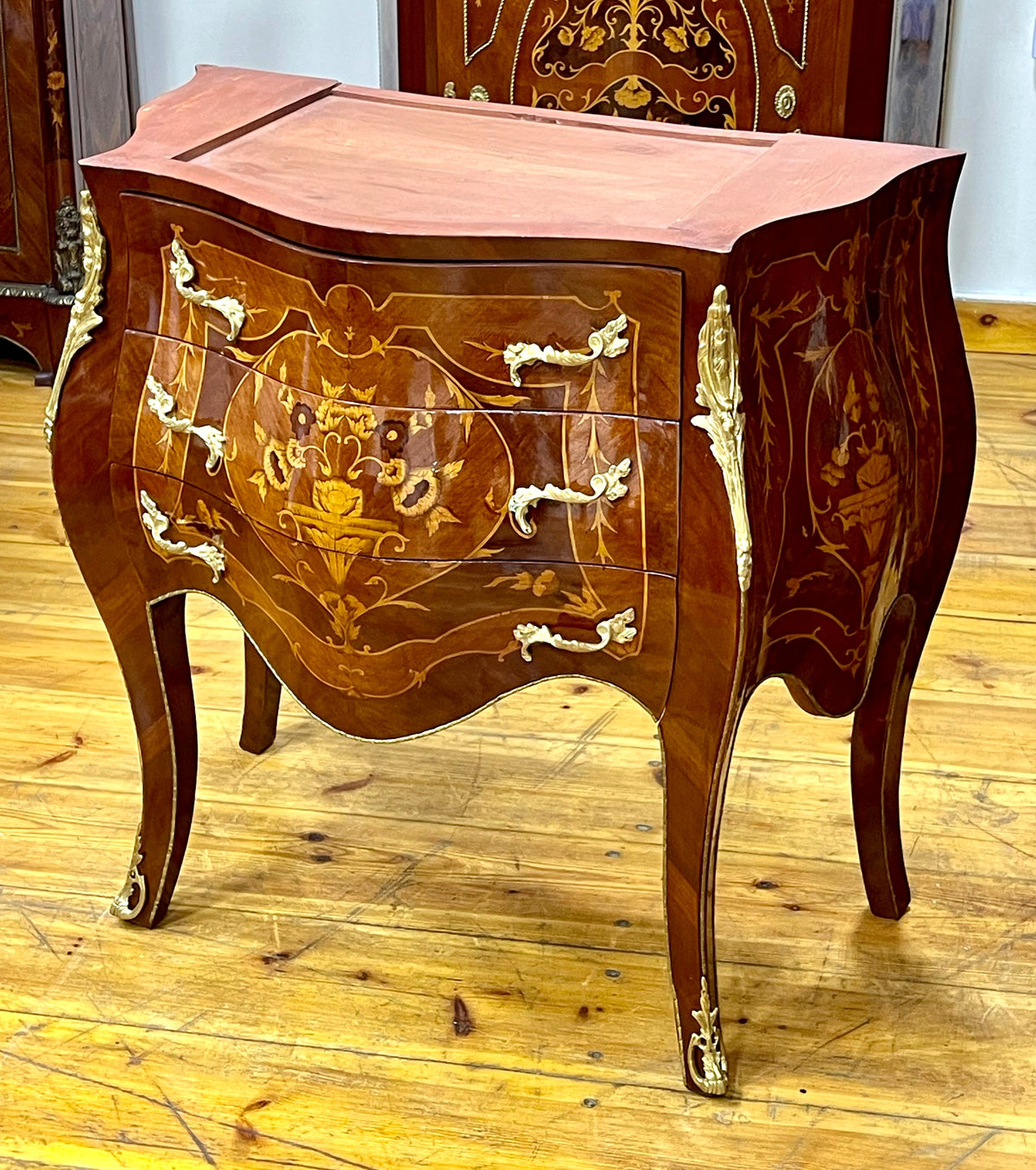 Refined French Bombe Commode – Three-Drawer Chest with Ornate Marble-Capped Design