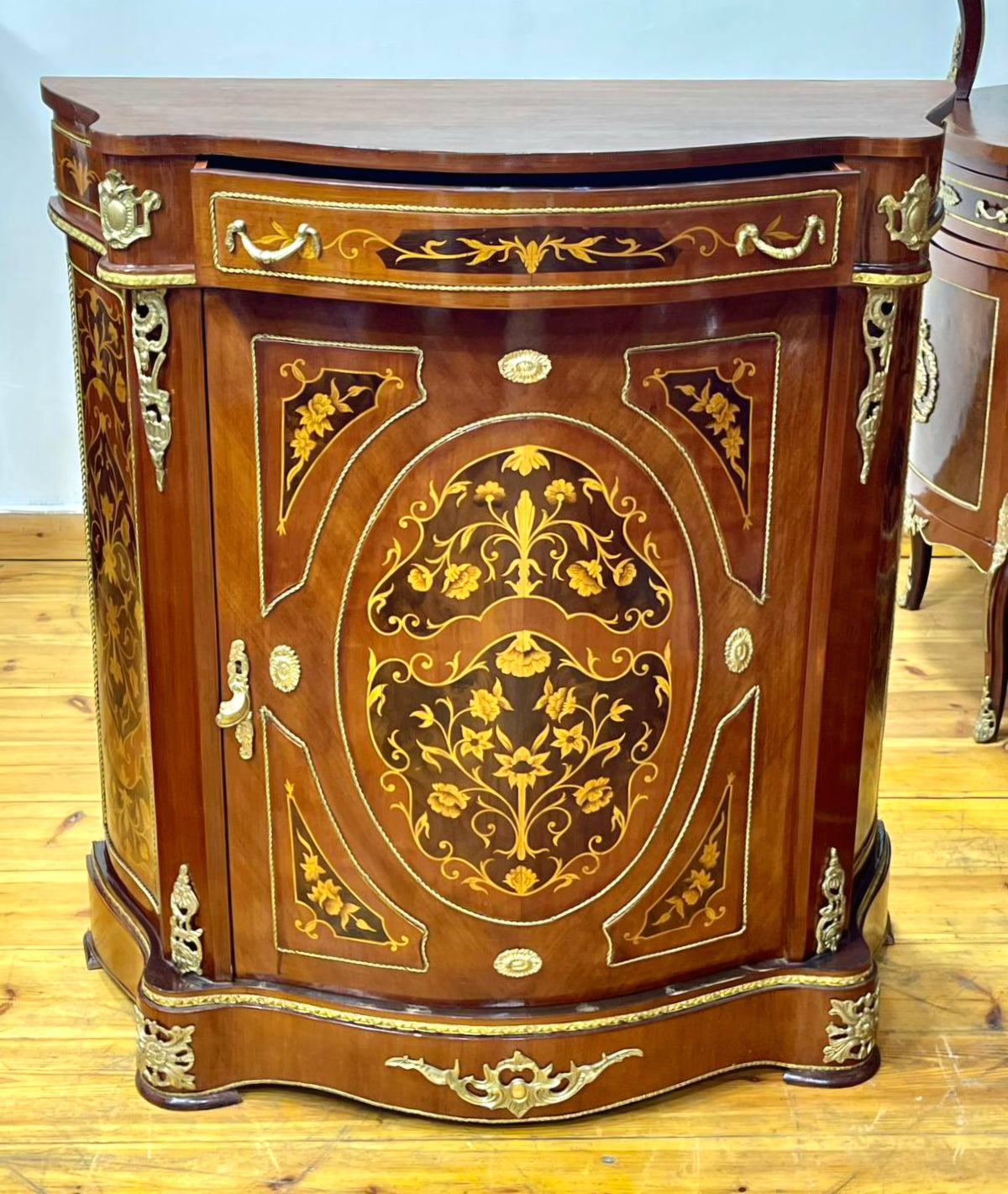 French-Style Marquetry Cabinet – Floral Inlay, Marble Top & Ornate Bronze Mounts