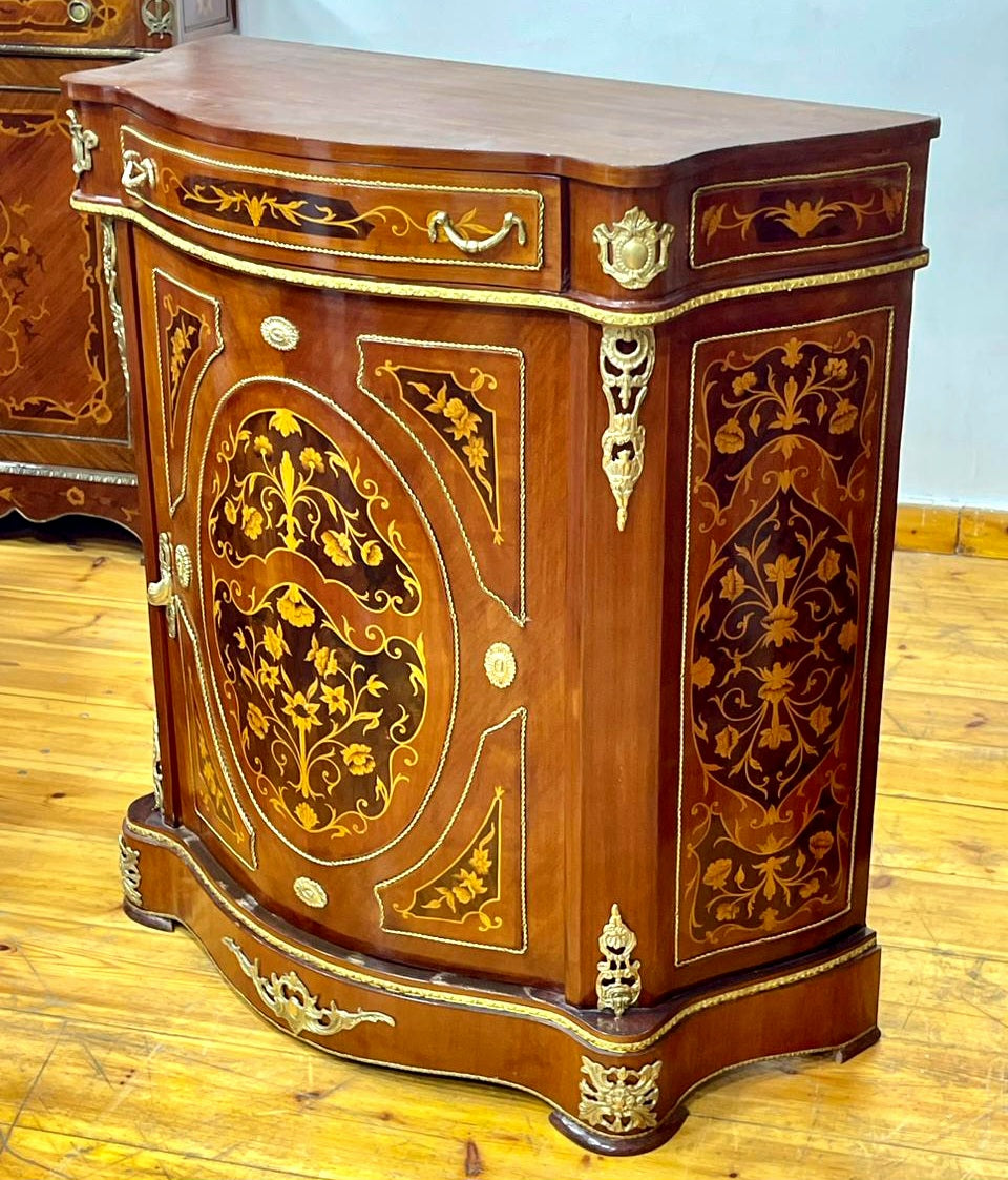 French-Style Marquetry Cabinet – Floral Inlay, Marble Top & Ornate Bronze Mounts