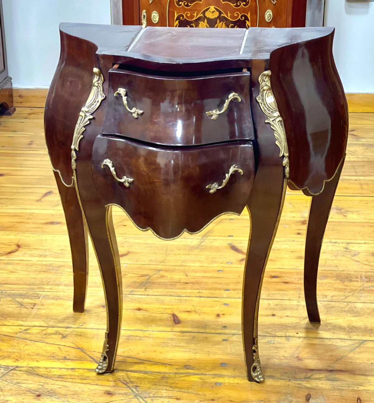 French-Style Two-Drawer Cabinet – Sculpted Wood Design with Gold Leaf Details & Marble Top