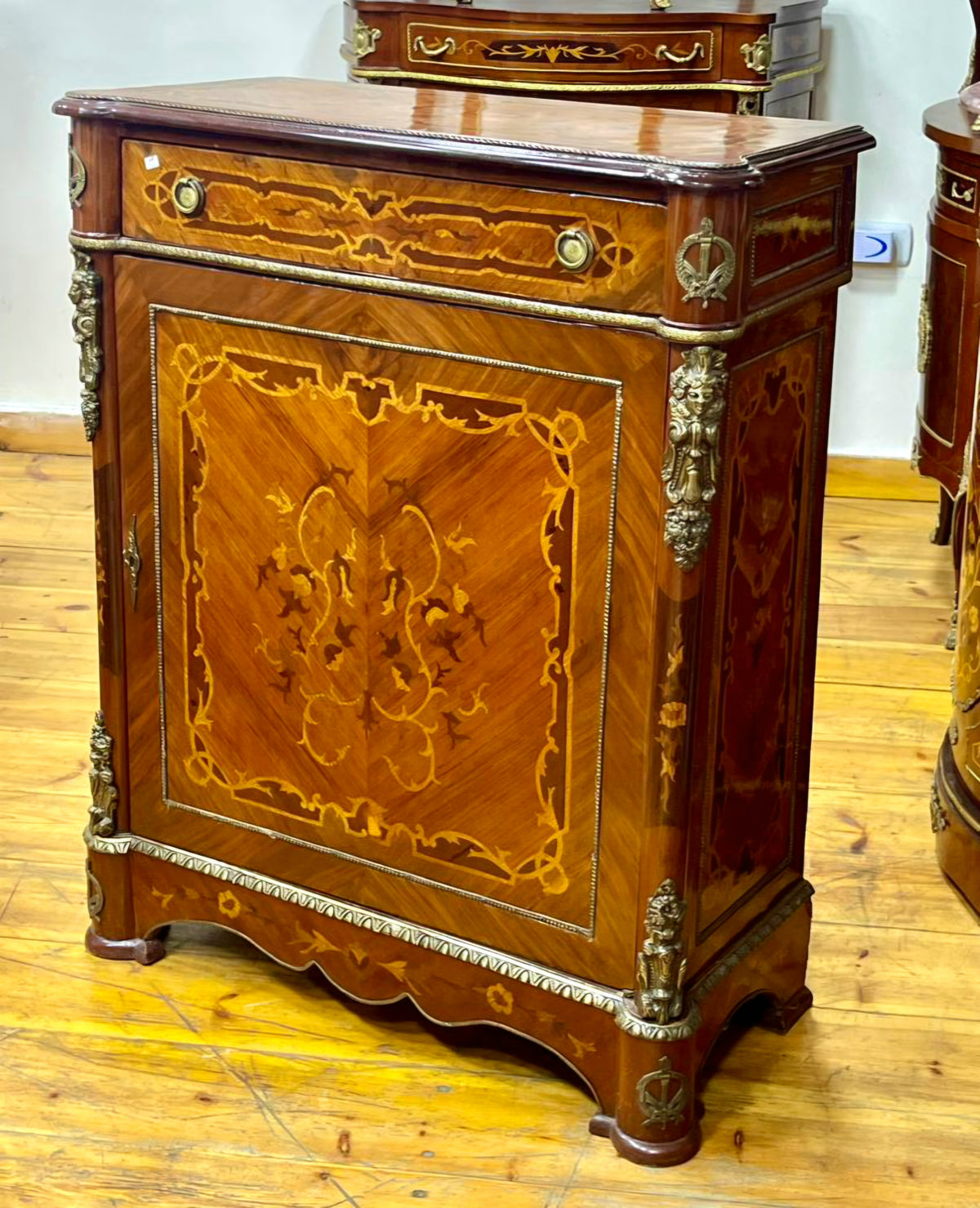 Grand French Louis XVI Style Commode – Rich Wood Marquetry with Gold Leaf & Ornate Bronze Details