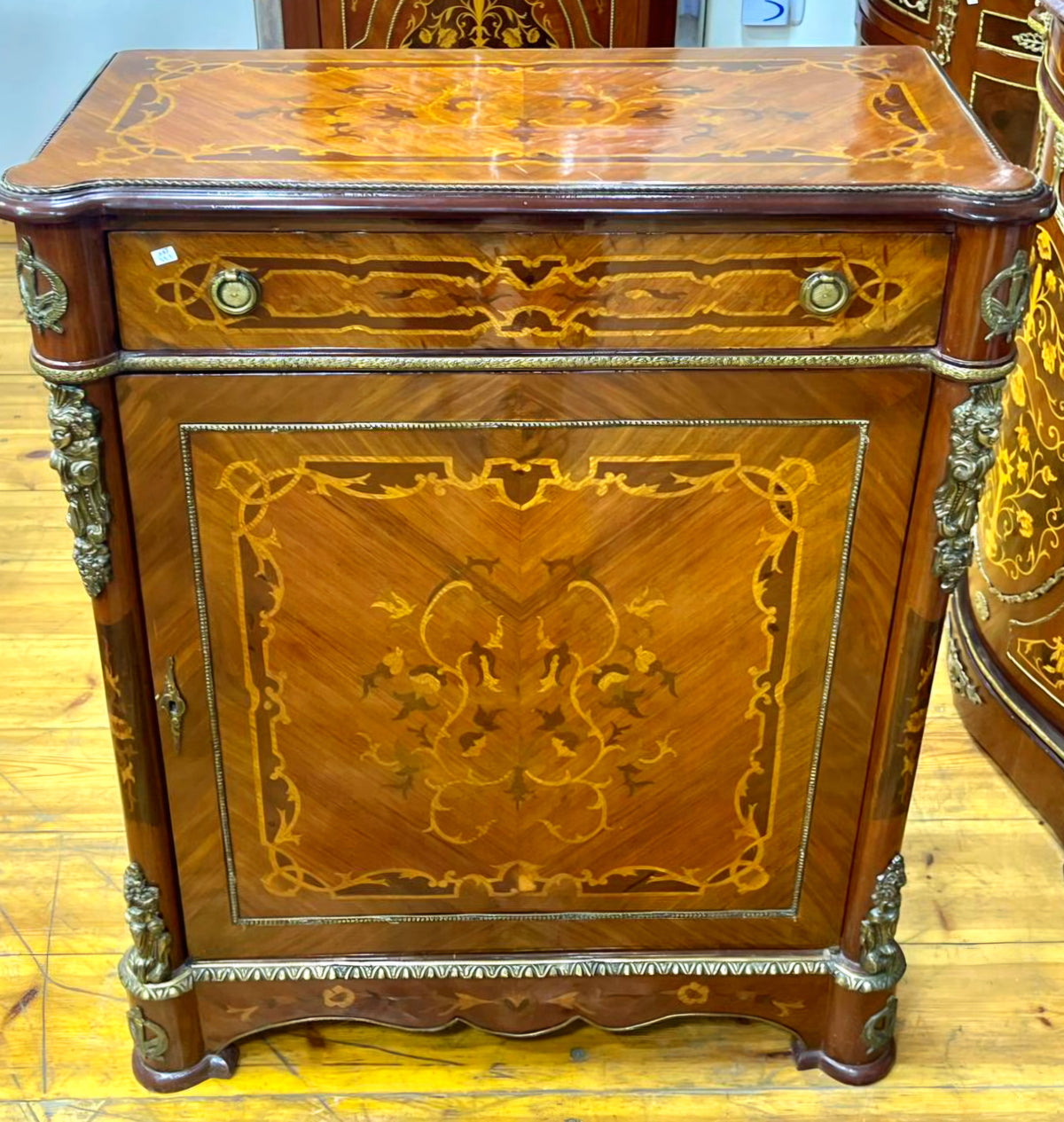 Grand French Louis XVI Style Commode – Rich Wood Marquetry with Gold Leaf & Ornate Bronze Details