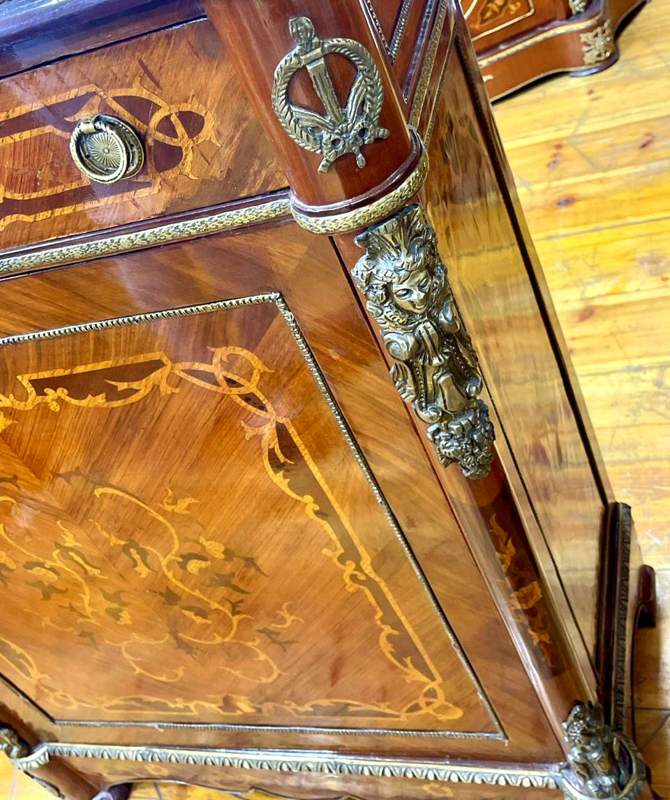 Grand French Louis XVI Style Commode – Rich Wood Marquetry with Gold Leaf & Ornate Bronze Details