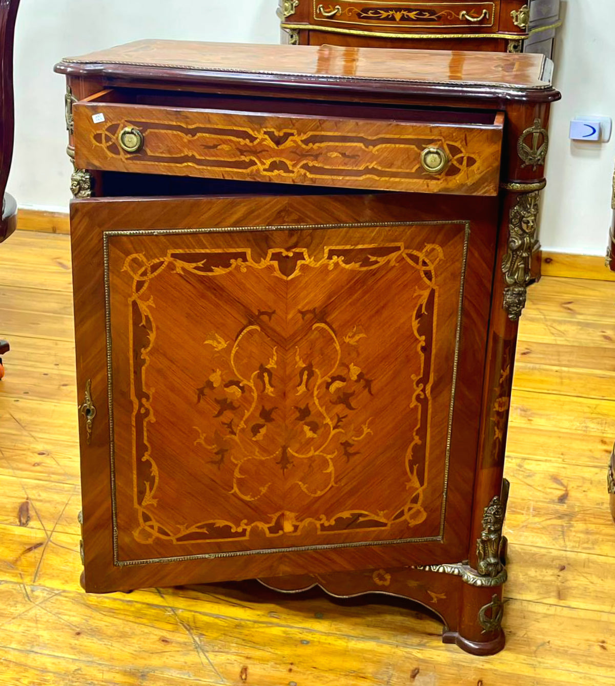 Grand French Louis XVI Style Commode – Rich Wood Marquetry with Gold Leaf & Ornate Bronze Details